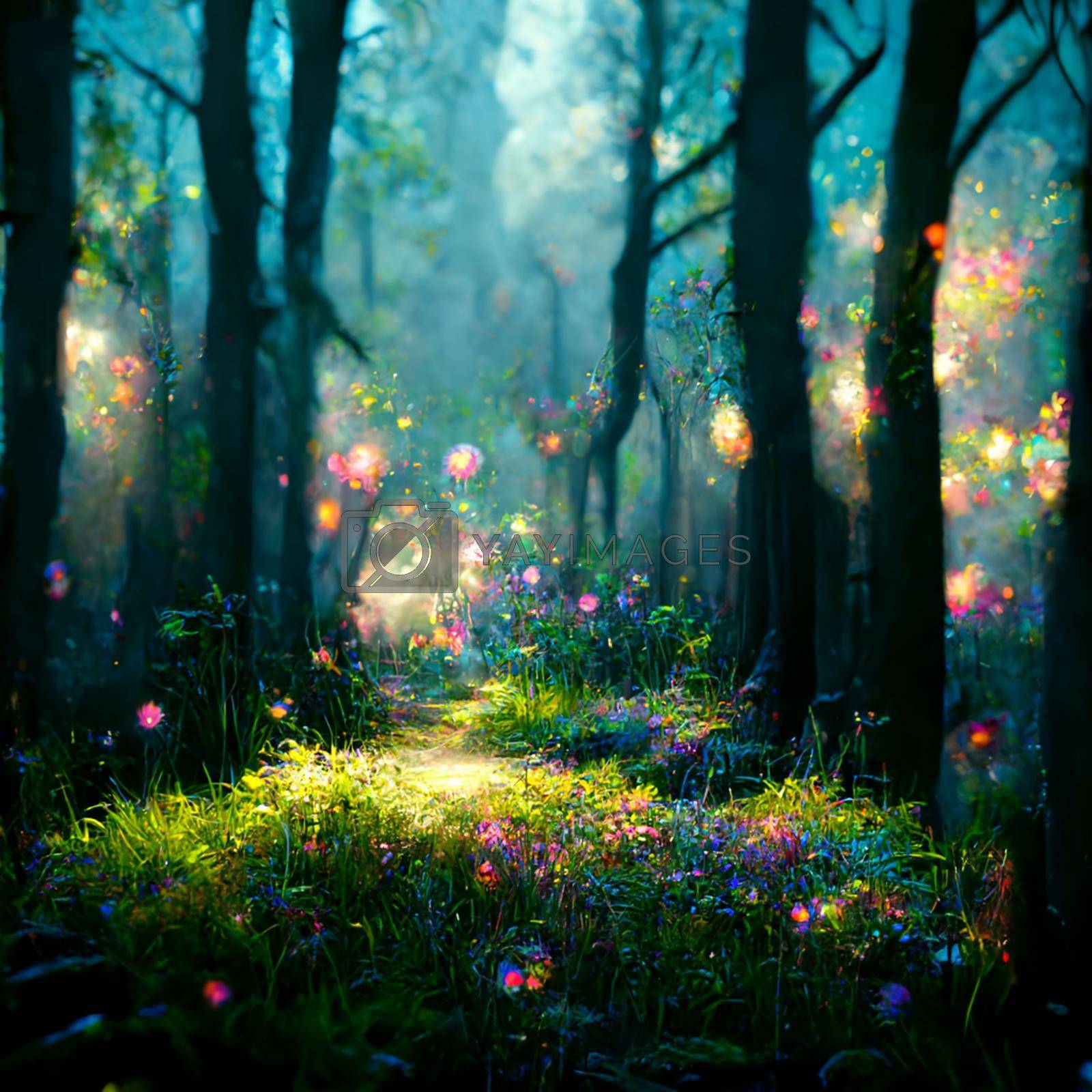 Royalty free image of Beautiful sunny summer morning in magic forest. Forest in the morning in a fog in the sun. by marylooo