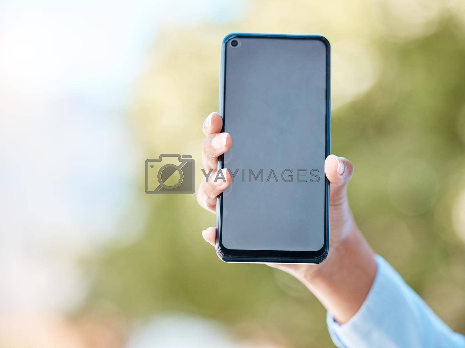 Hands, smartphone and presentation of mock up for digital app notification online with 5g tech. Person showing email, update glitch or social media communication response on blank screen
