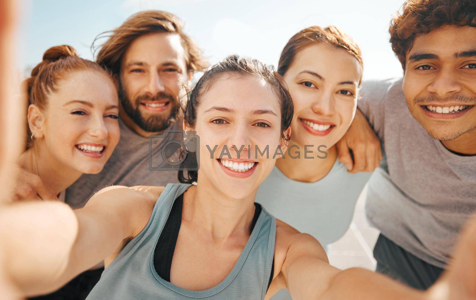 Royalty free image of Exercise friends, selfie and social fitness and wellness event outside with health lifestyle team. Summer workout, young adults and outdoor sports club photo with active people together. by YuriArcurs