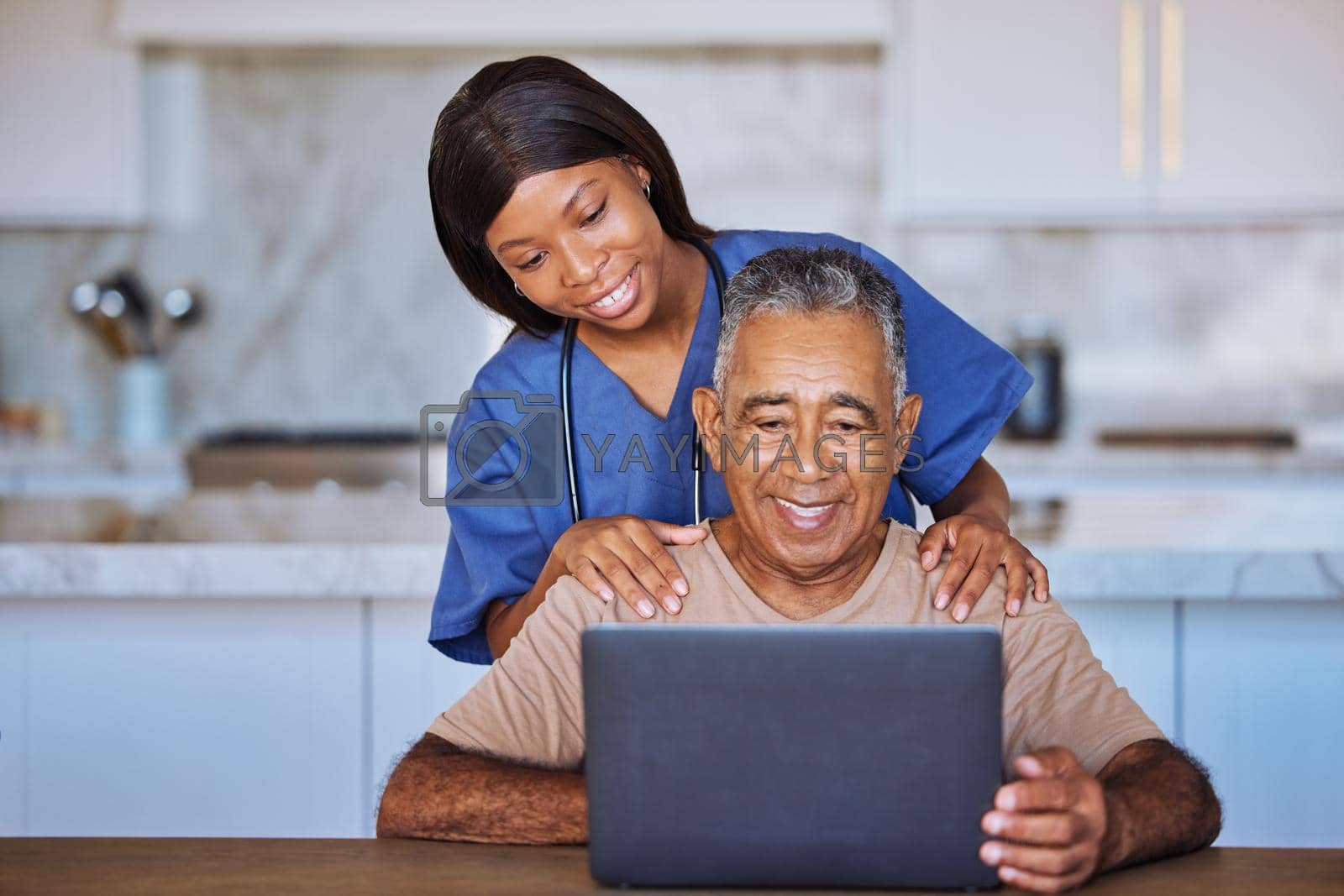 Senior man, laptop and black caregiver or home nurse helping patient with social media, communication and internet browsing at home. Support, healthcare and medical aid or hospice with pensioner.