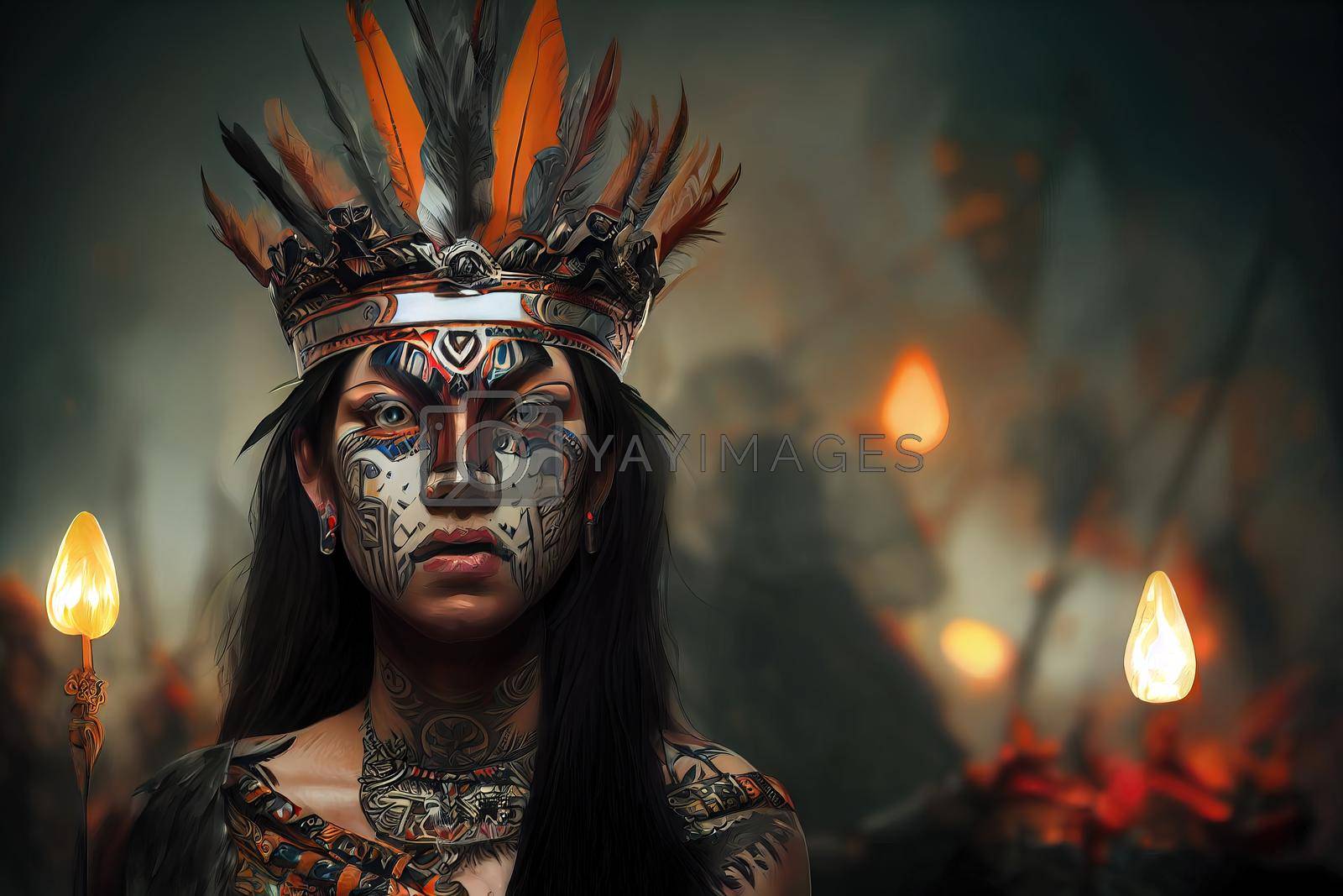 Royalty free image of 3d illustration of aztec woman warrior with crown of feathers by Farcas