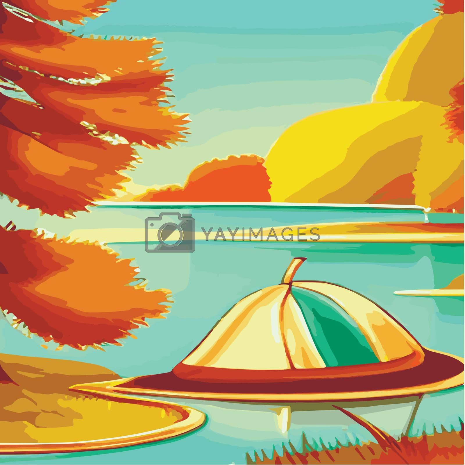Royalty free image of Autumn camp outdoors by the lake with tent vintage vector. Campground poster, mountain, river, illustration. Relaxation by kasynets_olena
