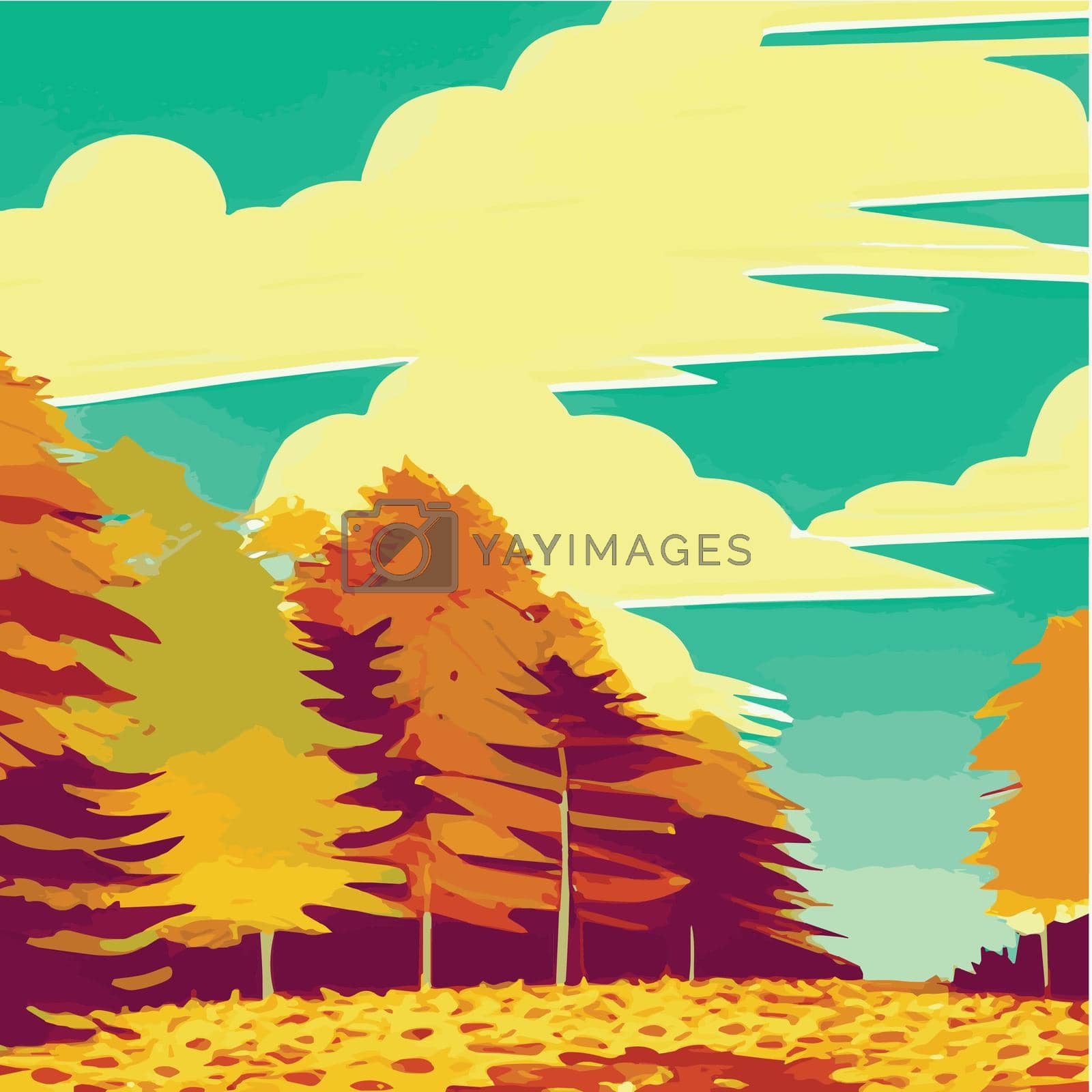 Autumn countryside scenery with sunset, panoramic mid-autumn leaves falling from trees in orange foliage. Wonderland in autumn season , Autumn landscape Background