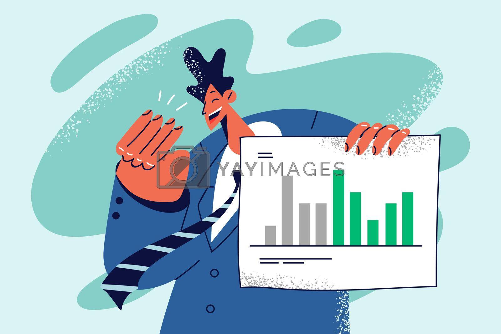 Smiling businessman showing financial graph celebrate good statistics. Happy male employee demonstrate company finance results on chart. Vector illustration.