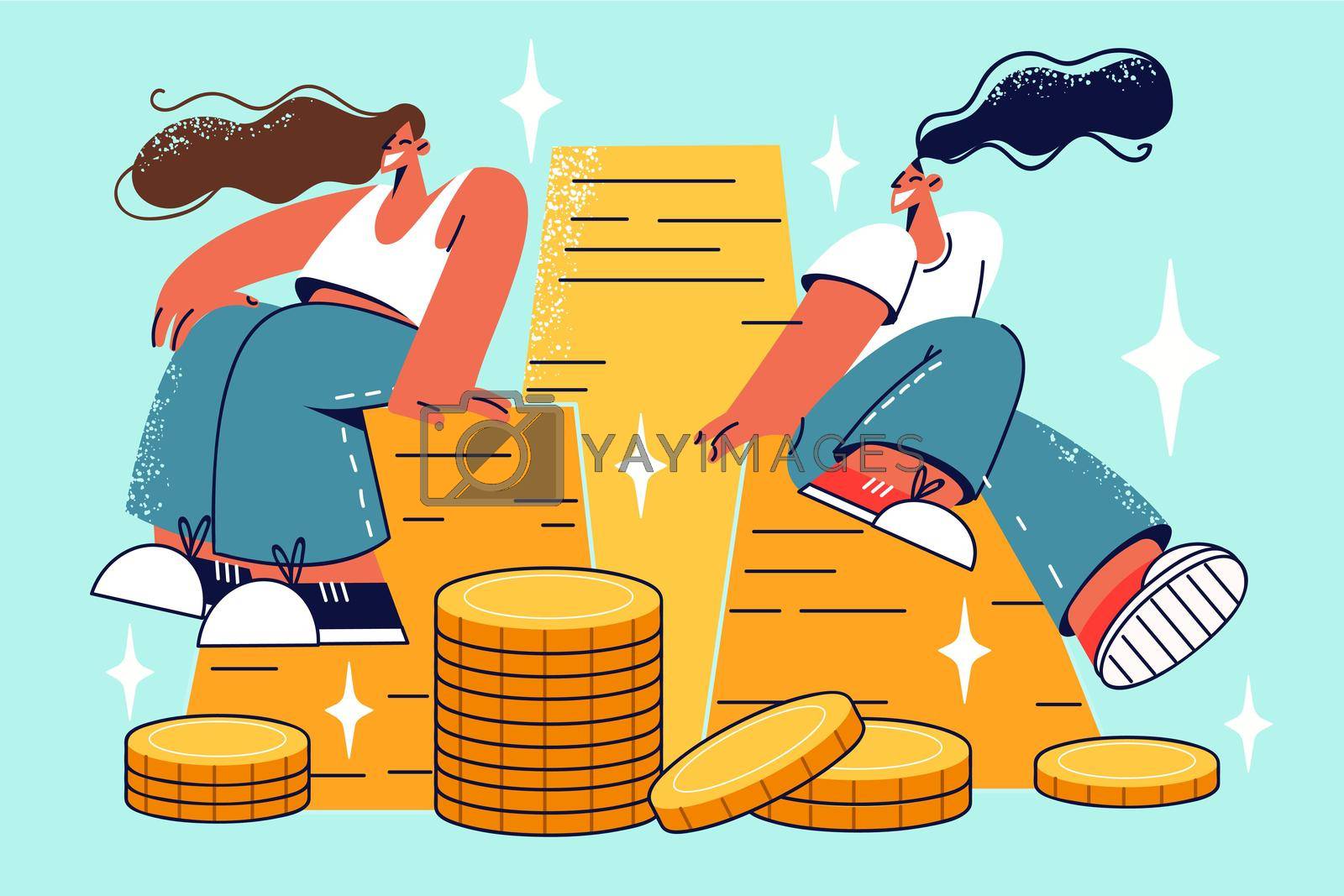 Happy people sitting on stack of gold celebrate wealth and income. Smiling women with golden piles enjoy being rich. Profit and finances. Vector illustration.