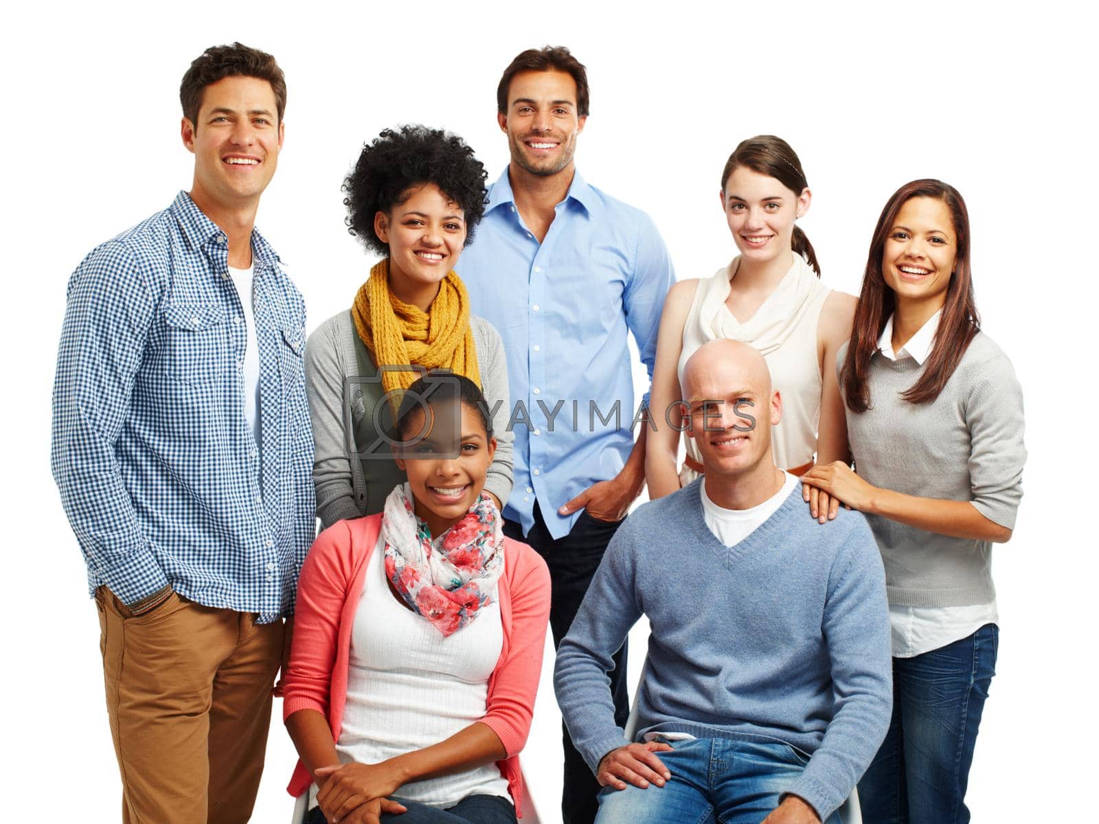 Royalty free image of Theyre a positive bunch. Smiling group of casual young adults together against a white background. by YuriArcurs
