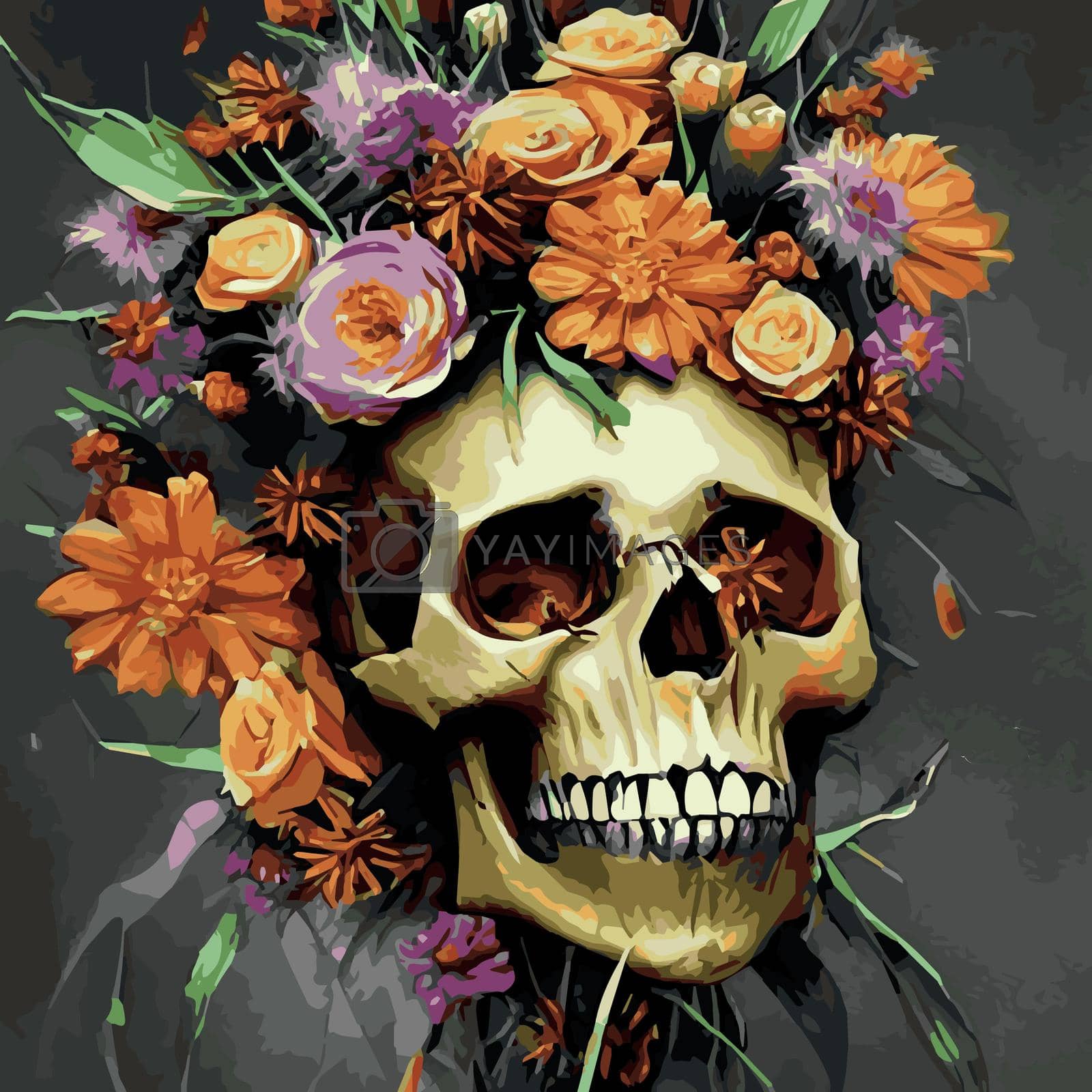 Royalty free image of Print Human skull, exotic tropical flowers. Day of the dead skulls and flowers, vintage vector illustration Typographic by kasynets_olena