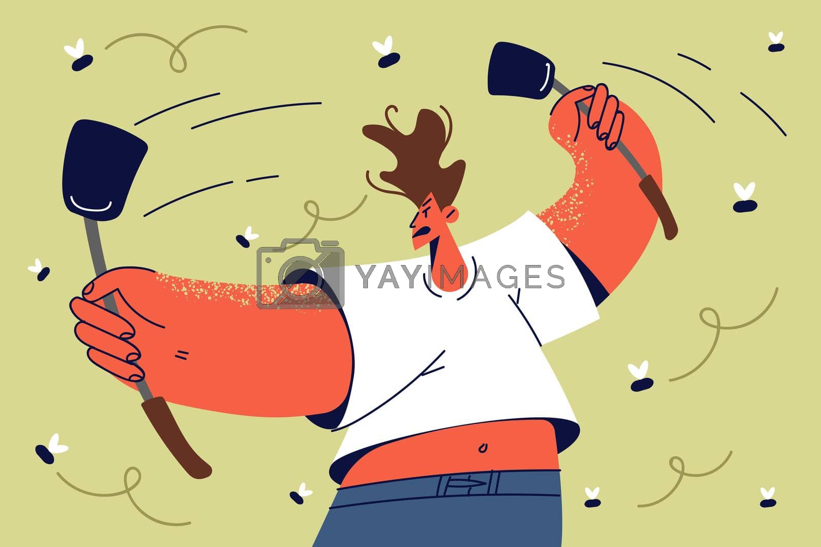 Royalty free image of Unhappy man with fly swatters fight with bugs by Vasilyeu