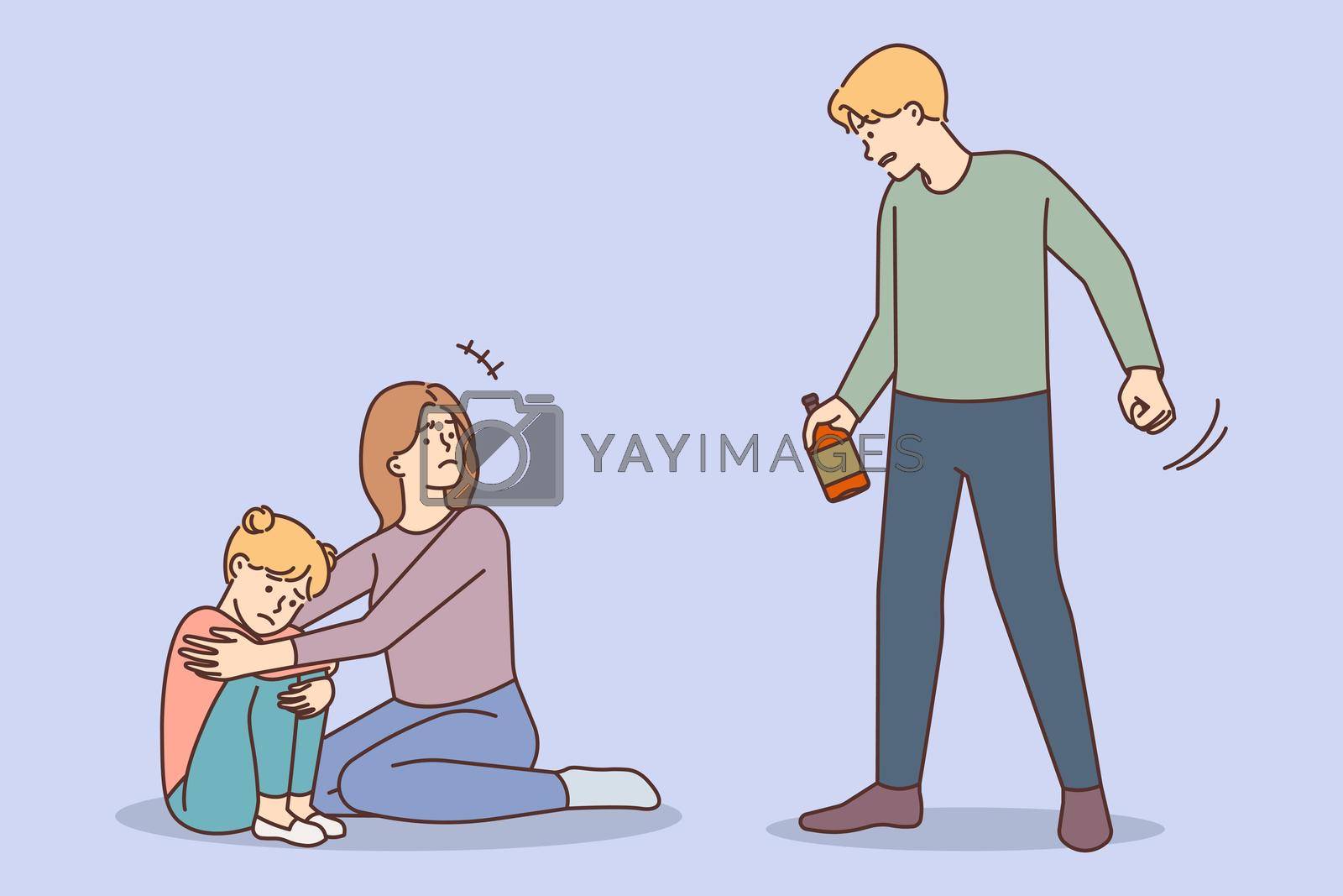 Scared young mother protect kid from drunk father. Loving terrified mom and little child afraid of man with bottle in hand. Domestic violence. Vector illustration.