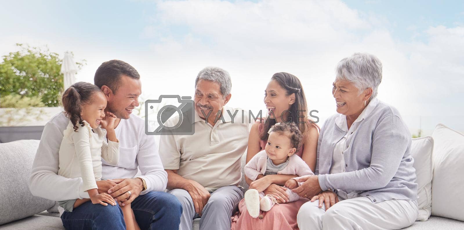 Happy family with children and grandparents talking, communication and conversation on couch outdoor in family home. Big family of elderly retirement people, love and young kids smile together.