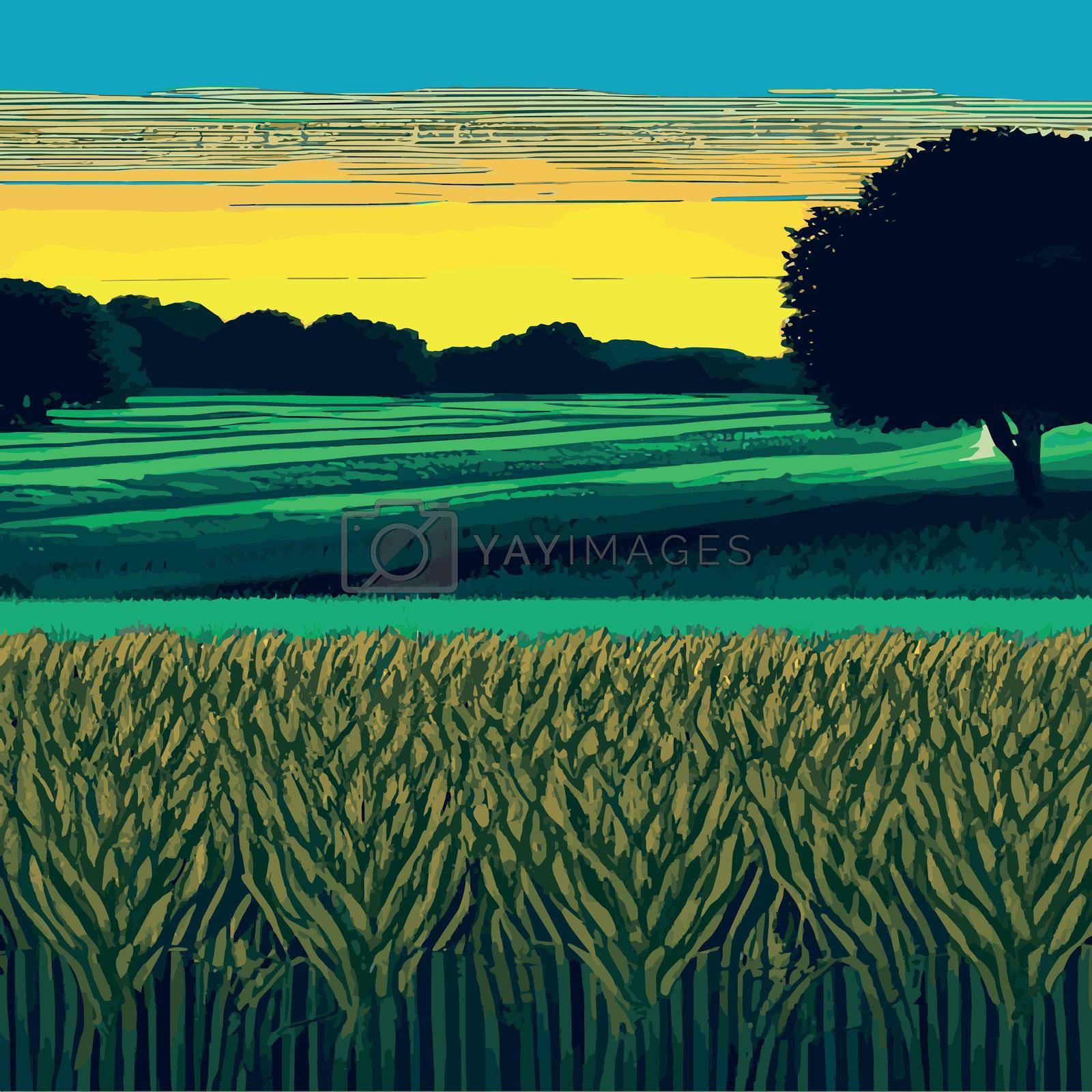 Vector wheat field. Flake ears. Rural landscape panorama. Hand drawn yellow watercolor illustration. Countryside engraving. ole wheat on the summer hills and distant in the background. trees, plants,