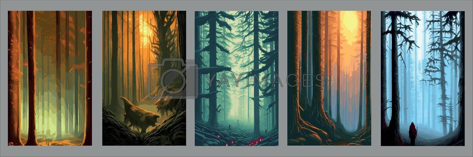 Royalty free image of Set vertical backgrounds dark twilight forest with fogs twilight vector illustration. silhouettes trees with bare by kasynets_olena