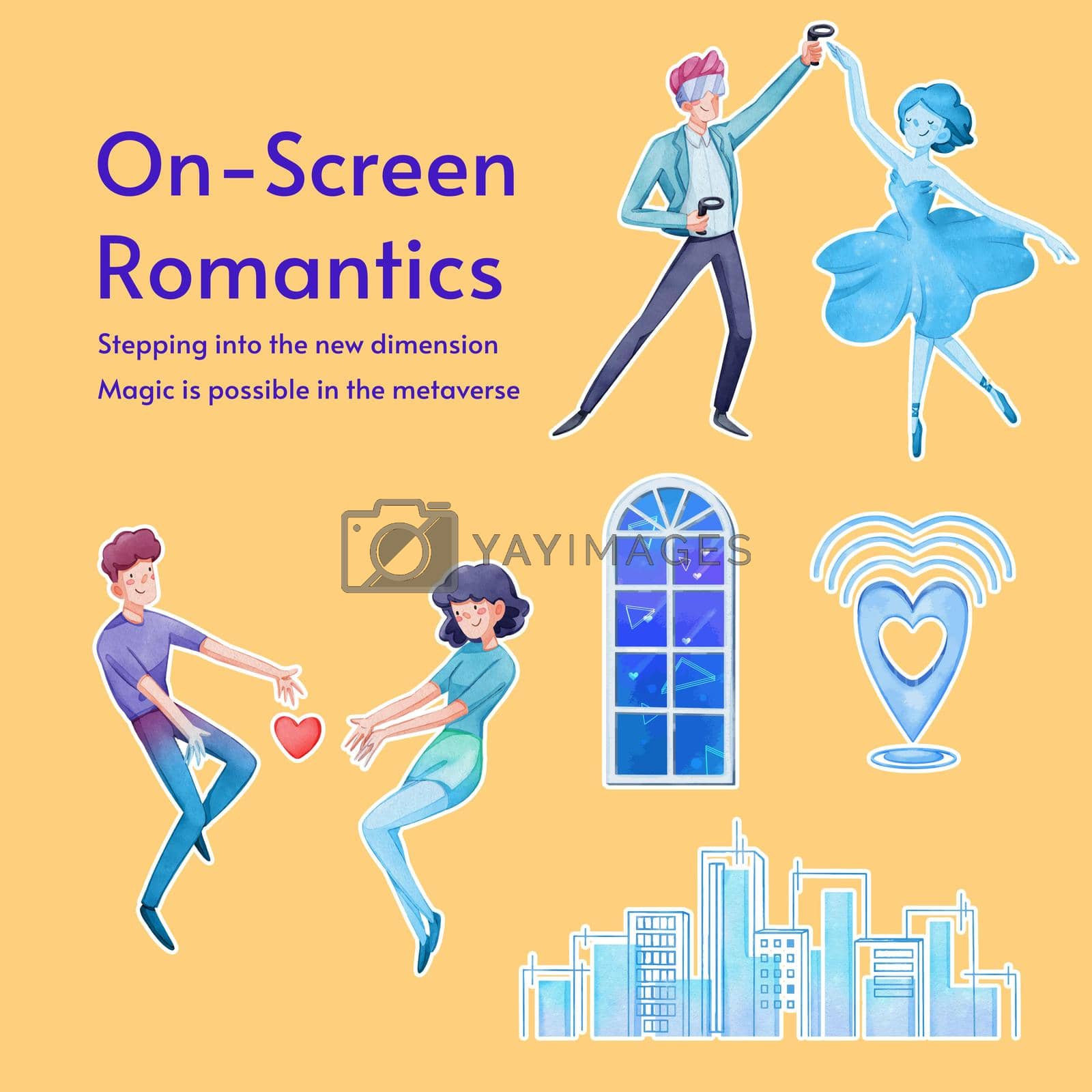 Royalty free image of Sticker template with VR Dating concept,watercolor style by Photographeeasia