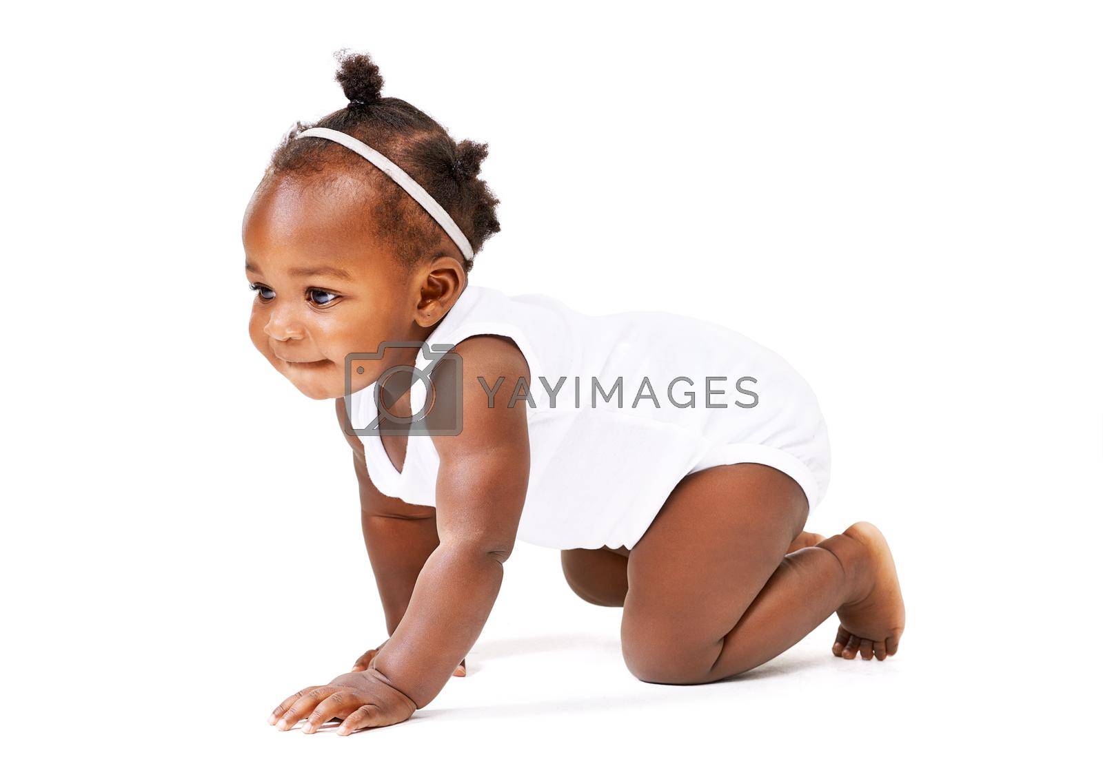 Time for an adventure. Studio shot of a baby girl crawling against a white background