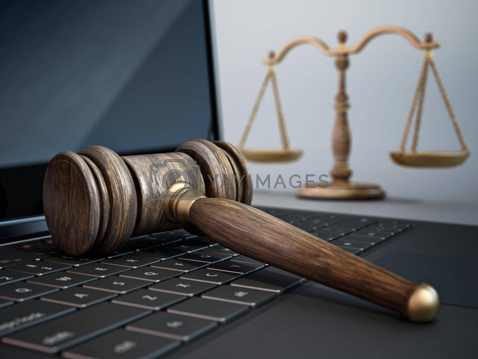 Royalty free image of Judge gavel and balanced scale standing on laptop computer keyboard. 3D illustration by Simsek