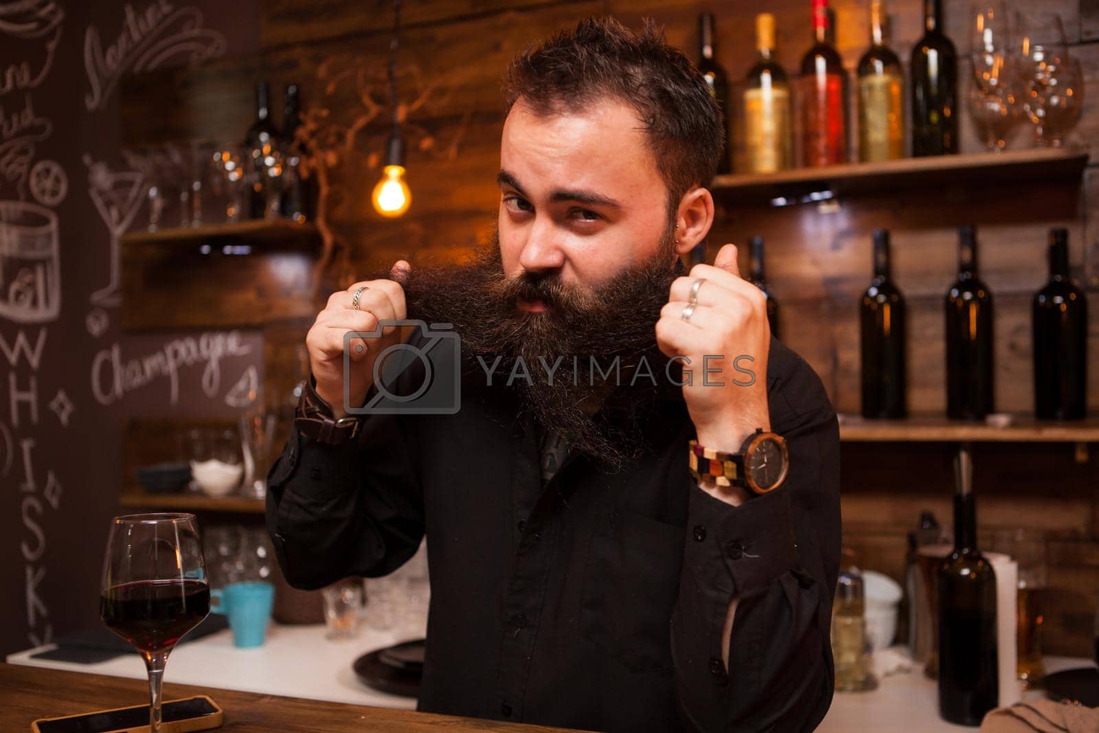 Royalty free image of Attractive bartender playing with his long beard behind the counter. by DCStudio
