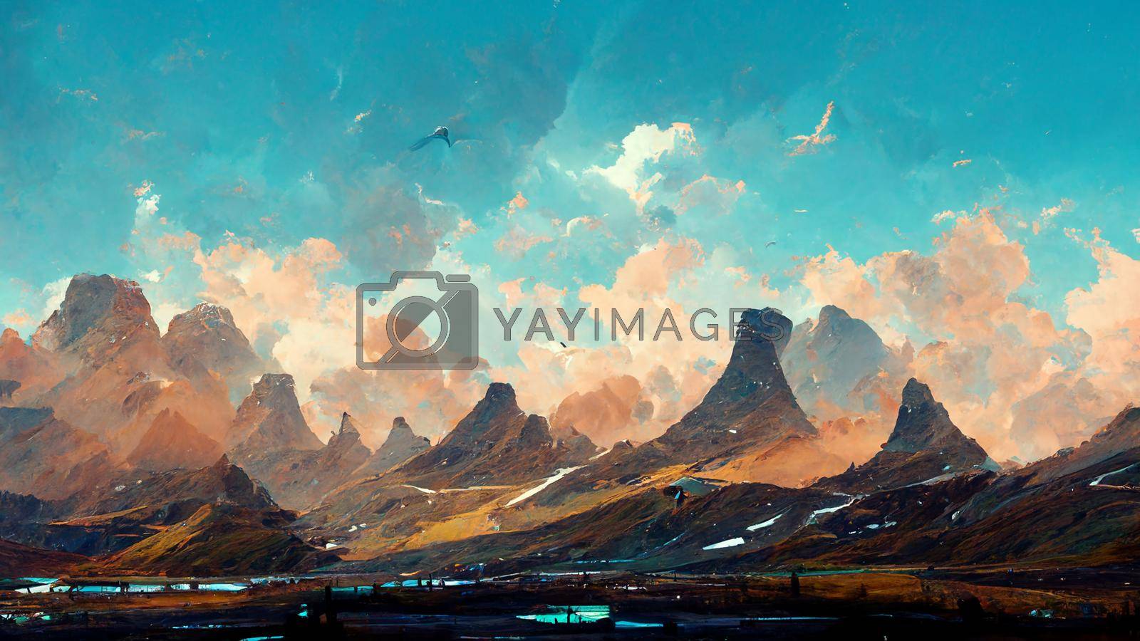 Beautiful evening mountains landscape with a dawn, lake and cloudy sky. Country background in digitaly generated banner.