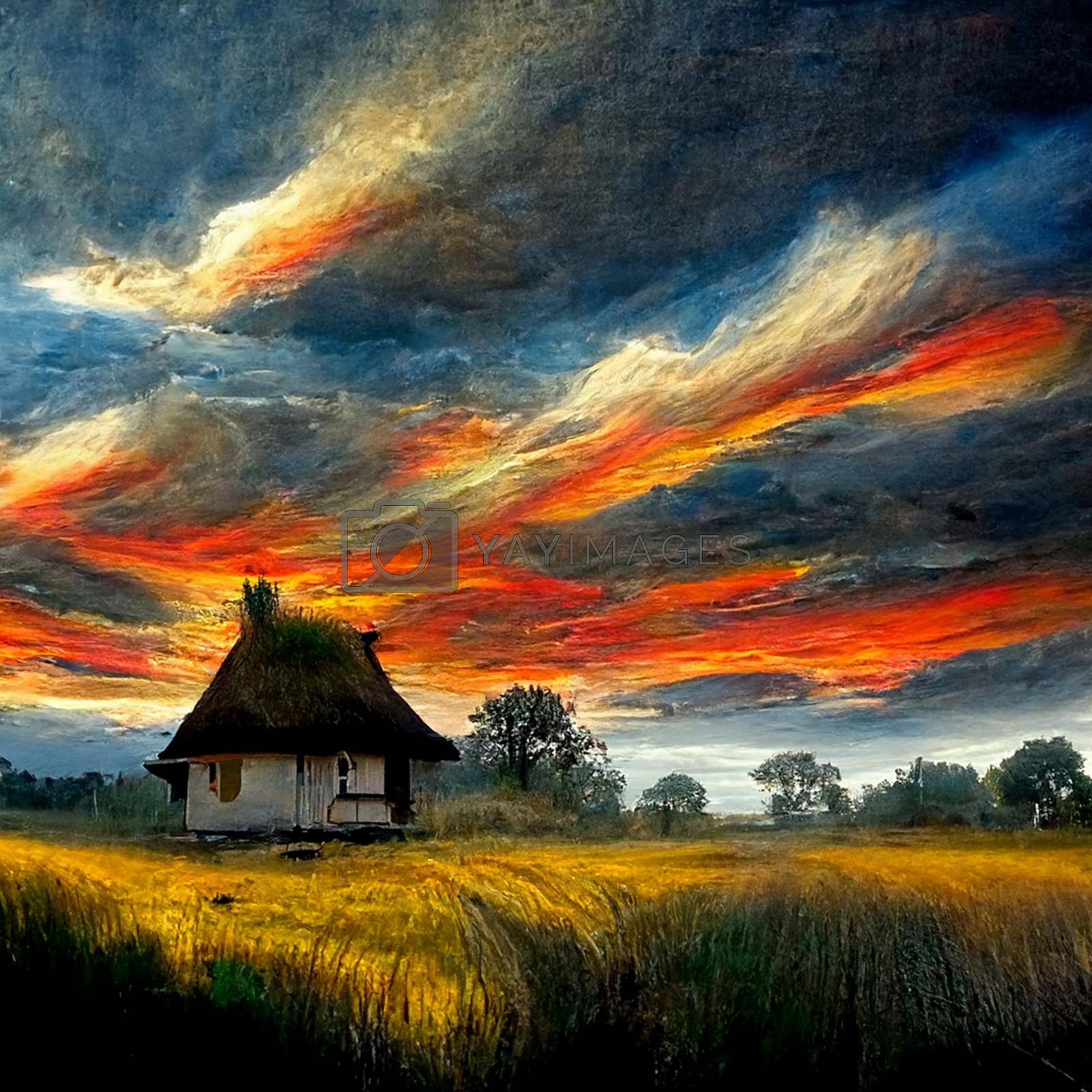 Sunset countryside landscape with farm, agriculture field and house. Digital generated illustration of rural scene, farmland with granary, meadow, fence in orange sun clouds.