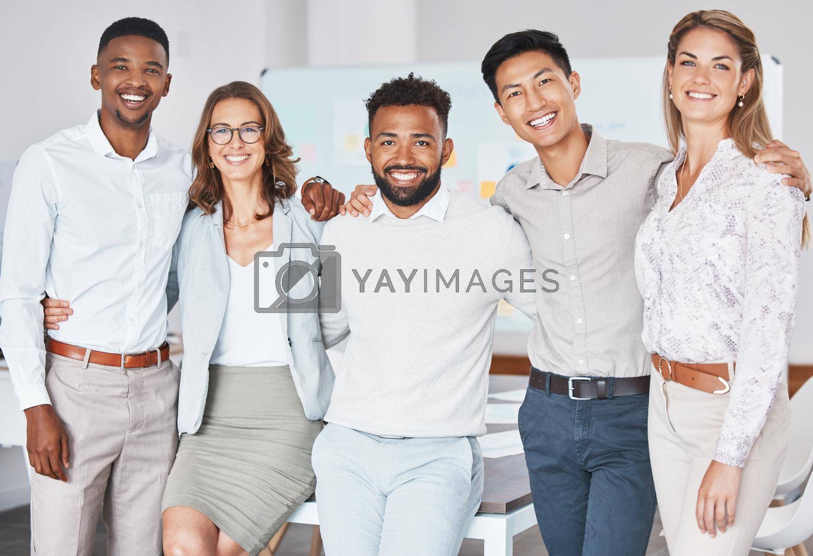 Royalty free image of Teamwork, startup and business team collaboration on global success, happy with vision. Planning, strategy and company partner portrait of leader with goal and target support by diverse colleagues by YuriArcurs