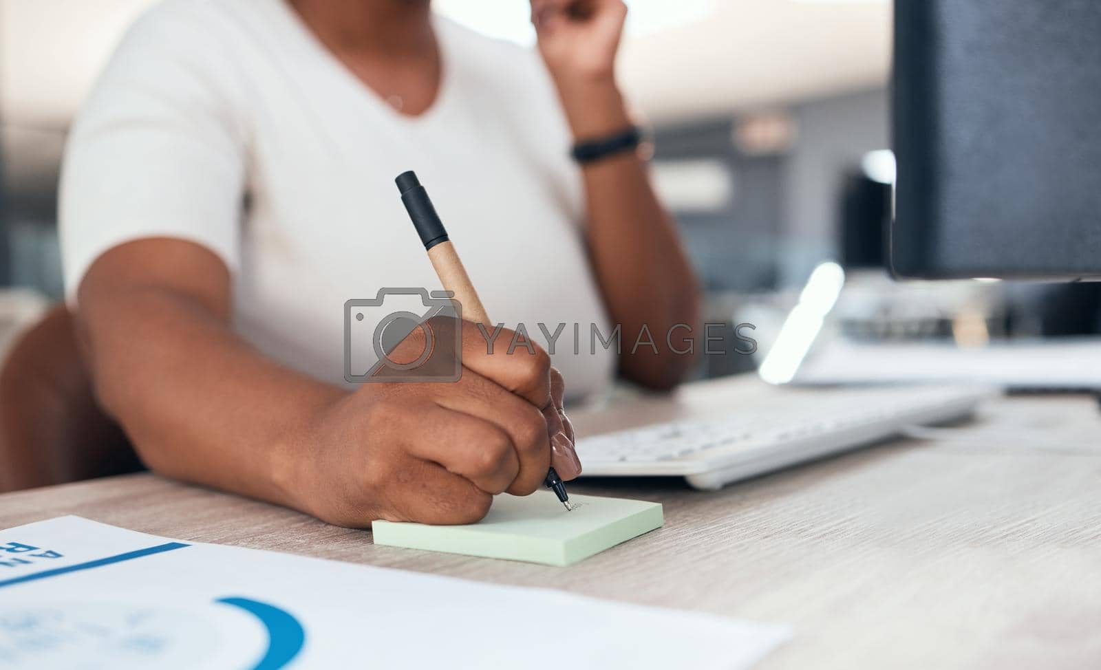 Receptionist, secretary or consultant with phone, writing client info on sticky note. Crm, communication and support, customer service at telemarketing company. Black woman consulting on office phone.