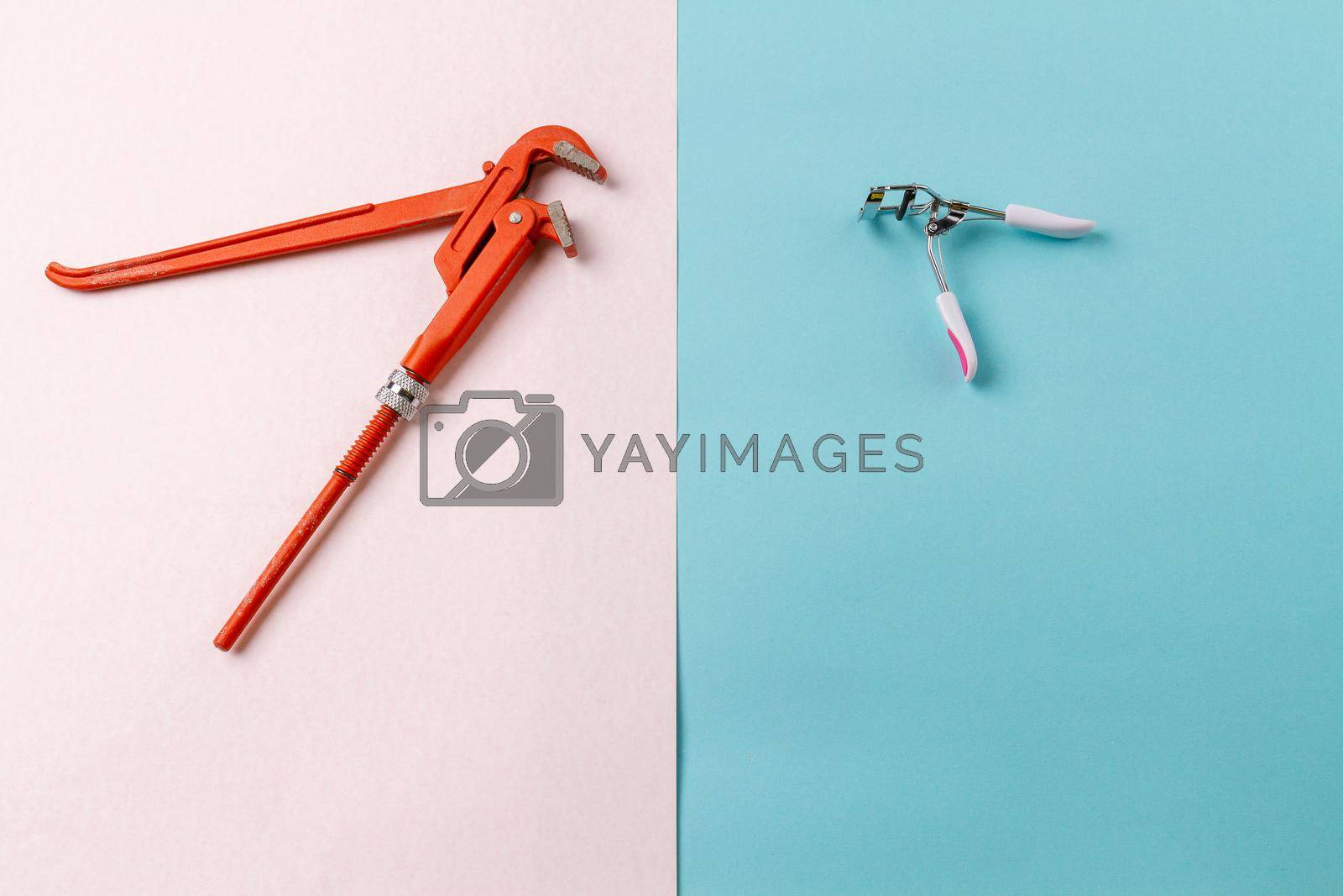 Royalty free image of Top view adjustable wrench and eyelash curler. by super_picture