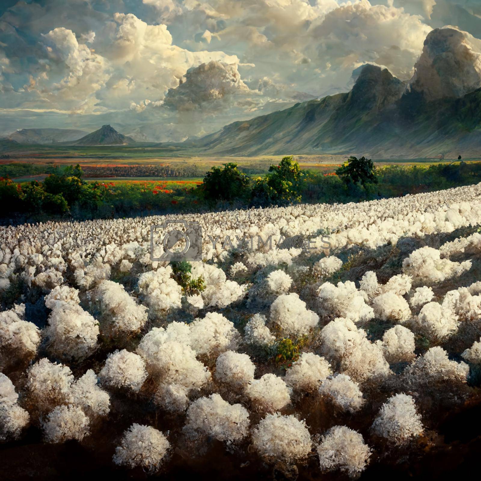 Royalty free image of Cotton fields ready for harvesting, snow mountains and clouds. by marylooo