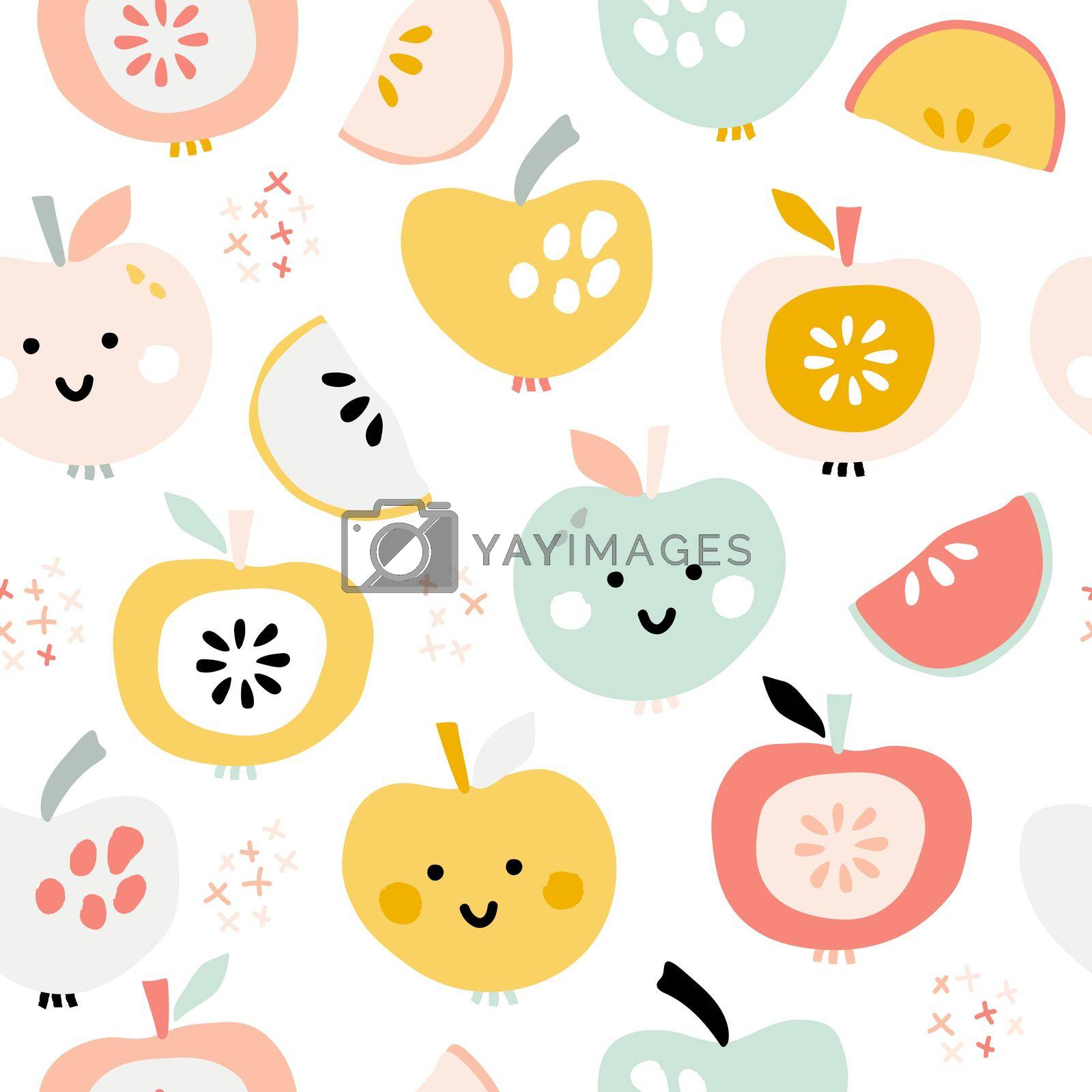 Royalty free image of Fruit print on a white background. Cute hand-drawn smiling apples of different shapes and colors by lera_feeva