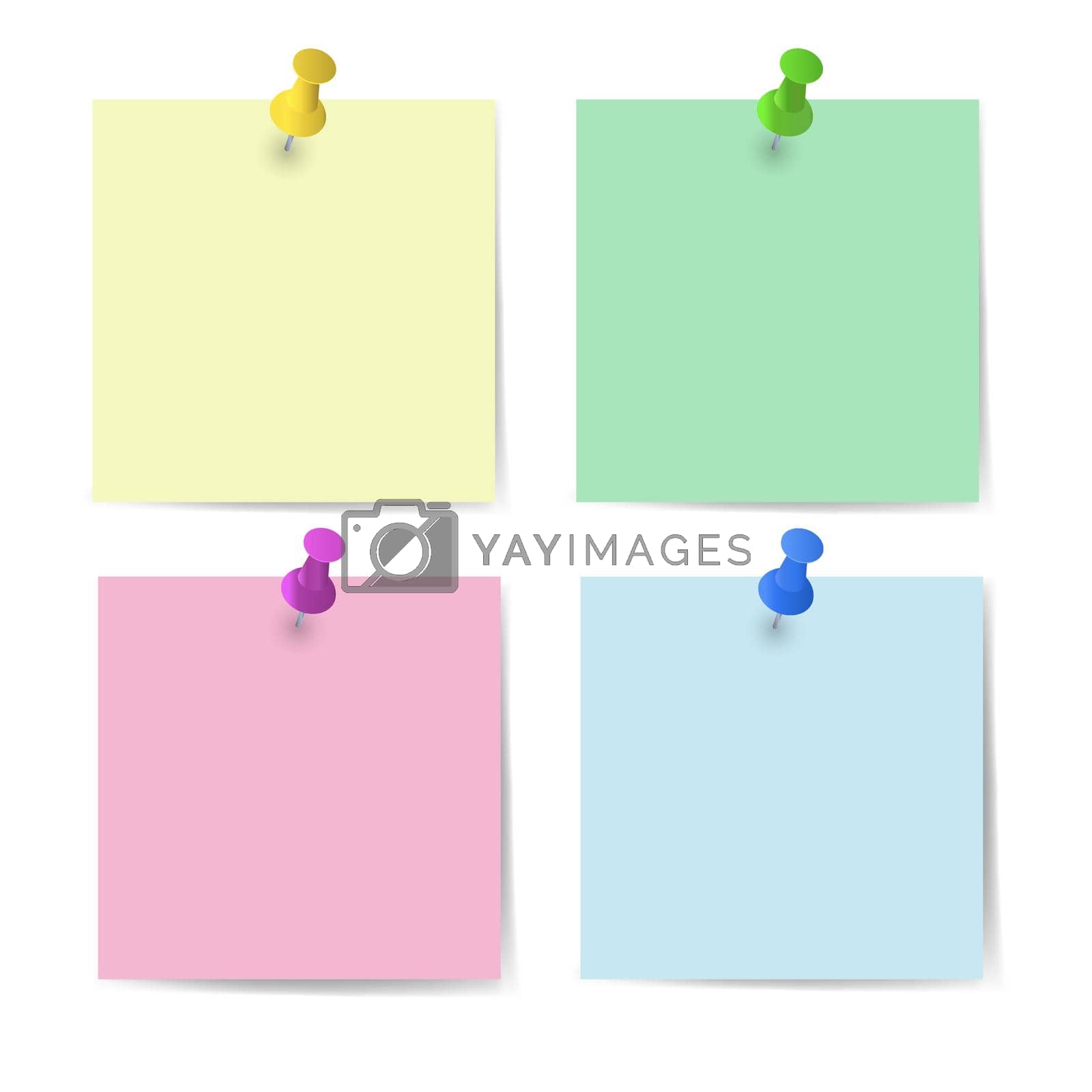 Royalty free image of Memo paper with pins for office paperwork. Fastener, paperclip with blank notepaper. Attaching binder with white note sheet. Set of isolated color paperclip for text. Clips and list. vector eps10 by Anastasiia