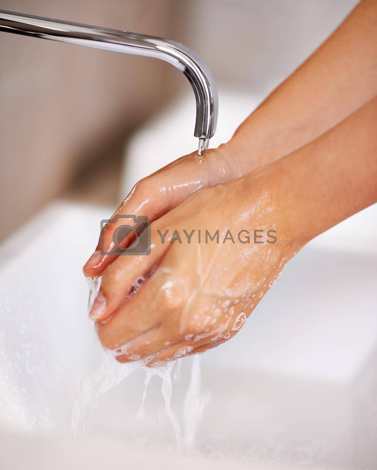 Royalty free image of Hygiene starts with the hands. a young woman washing her hands in a bathroom. by YuriArcurs