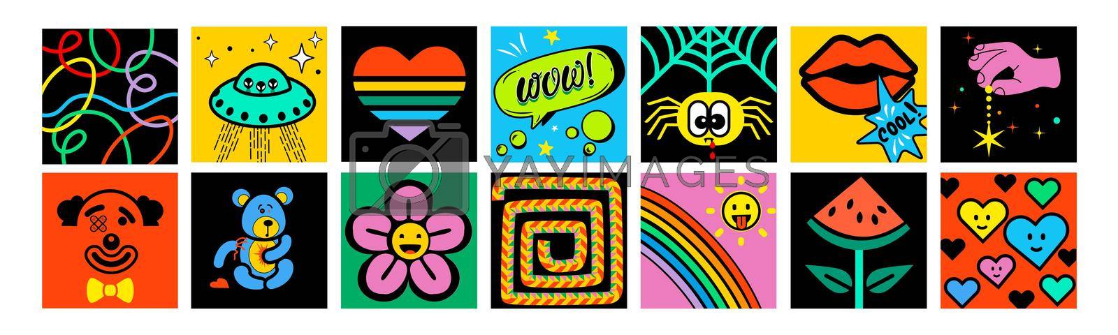Royalty free image of Banner collection of Different colored cartoon comic book characters and abstract shapes and lines by GALA_art