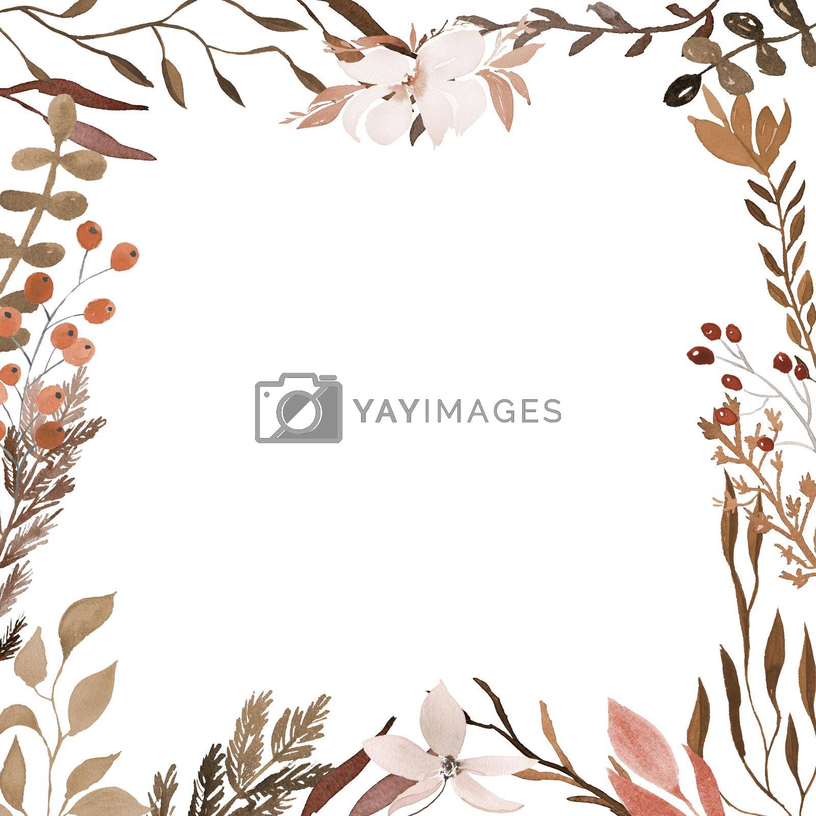 Royalty free image of watercolor flower frame border with flowers and leaves. Spring ornament concept. Flower poster, invitation. Decorative greeting card layout or invitation design background by ANITA
