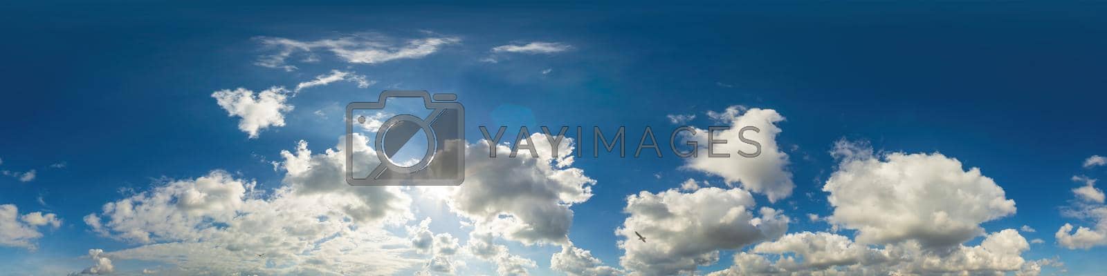 Royalty free image of Blue sky panorama with puffy Cumulus clouds. Seamless hdr pano in spherical equirectangular format. Sky dome or zenith for 3D visualization, game and sky replacement for aerial drone 360 panoramas. by Matiunina