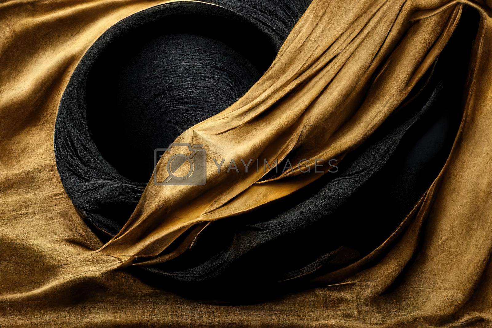 3d render, abstract fashion wallpaper. Modern minimal composition with gold black silk fabric, illustration