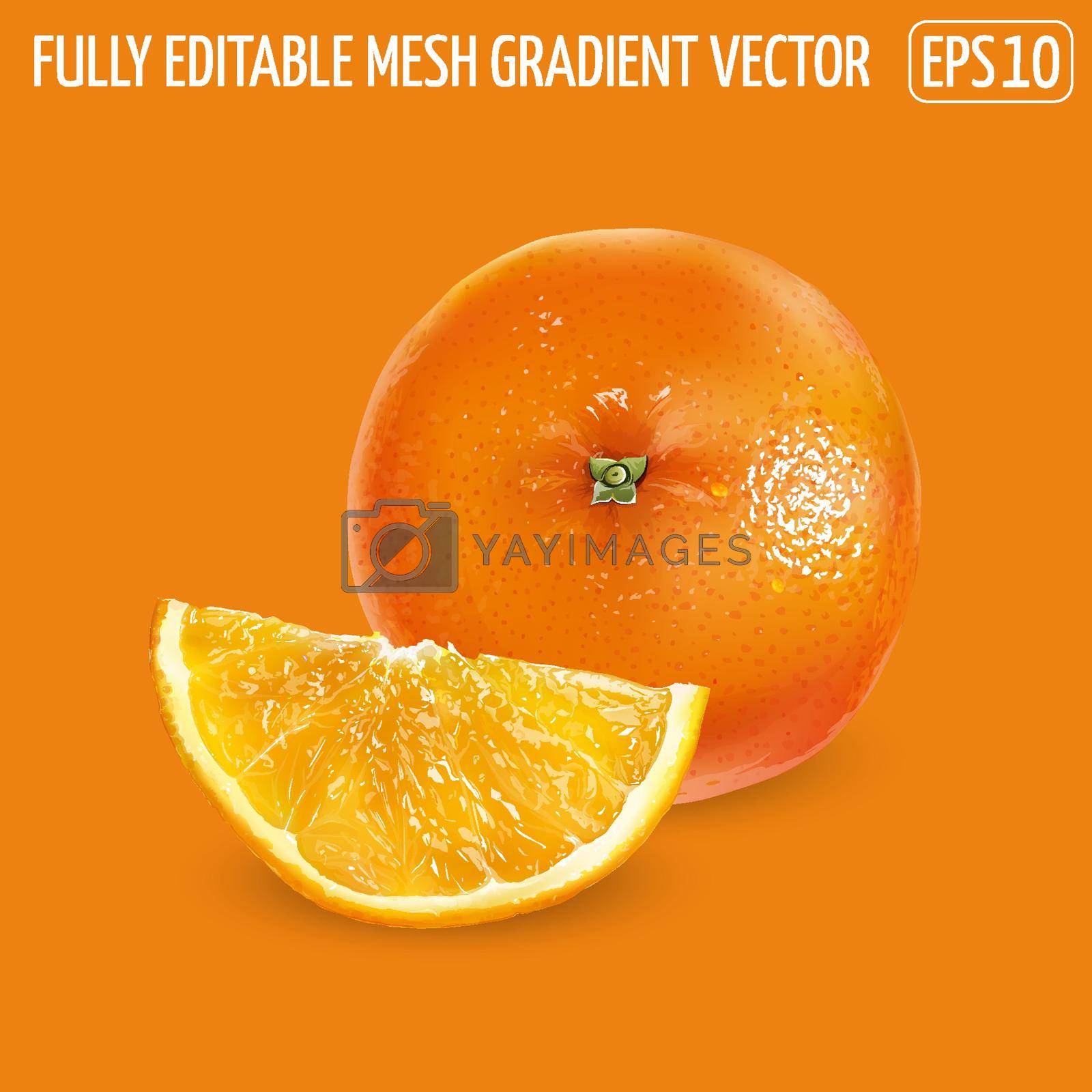 Royalty free image of Whole orange with cut slice on an orange background. by ConceptCafe