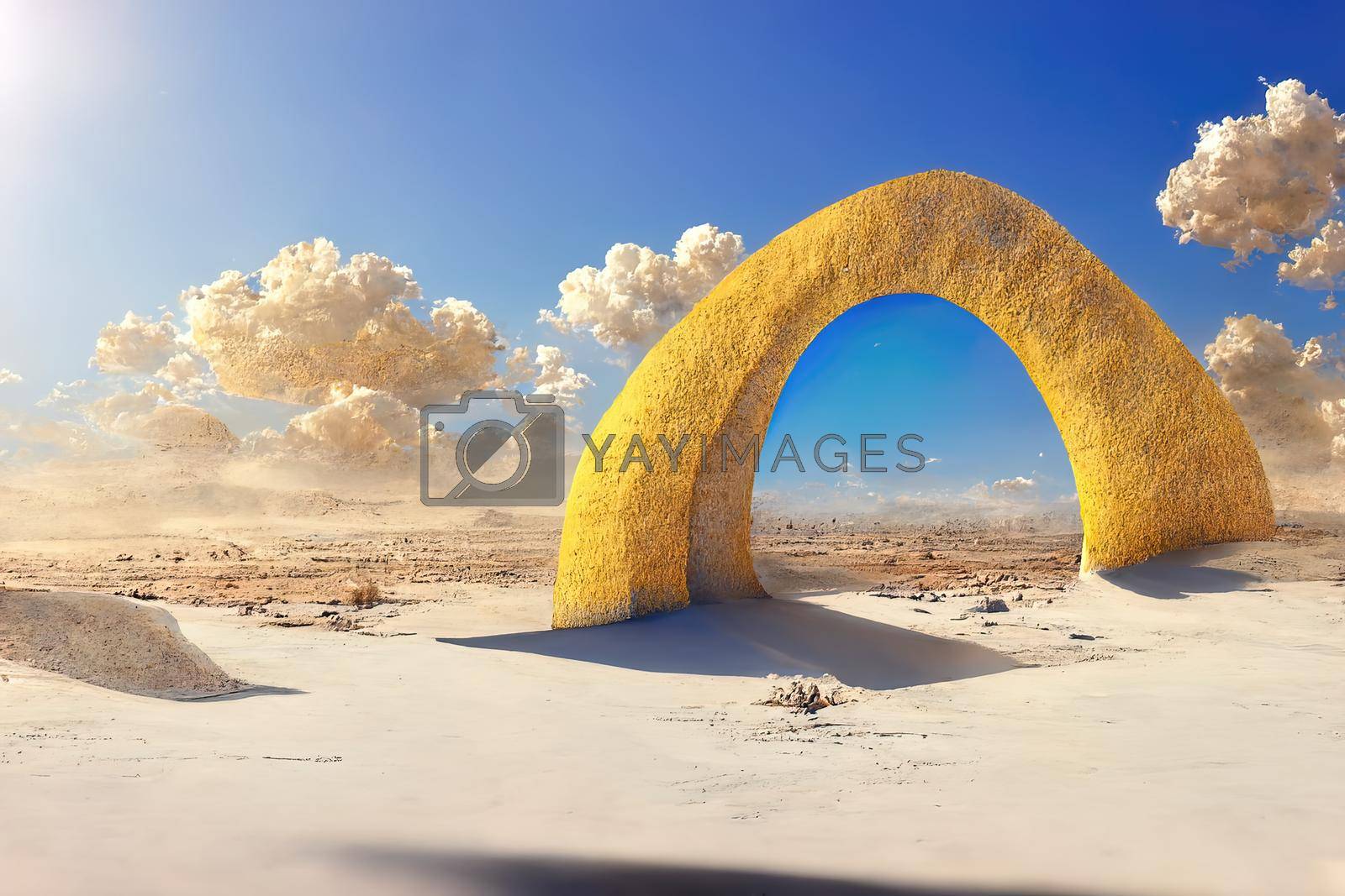 Royalty free image of Surreal desert landscape with yellow arch and white clouds, 3d render by Farcas