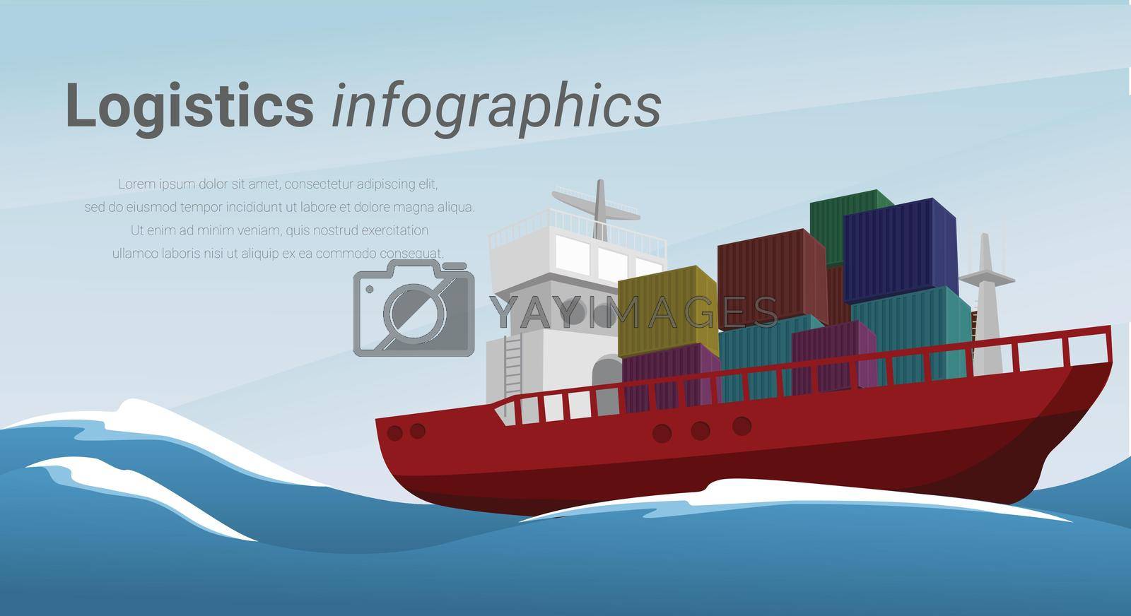 Container ship Infographic, Logistics and transportation infographic elements flat vector illustration. Vector carrying goods on a sea background.