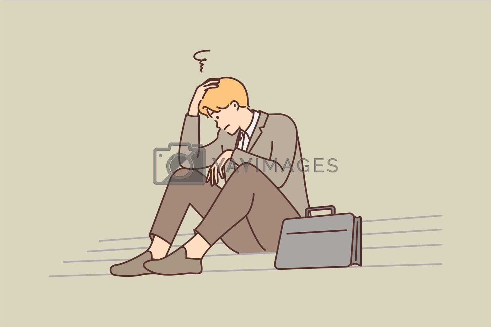 Unhappy businessman sit on stairs stressed with business failure or loss. Upset male employee frustrated with firing or dismissal notice. Vector illustration.