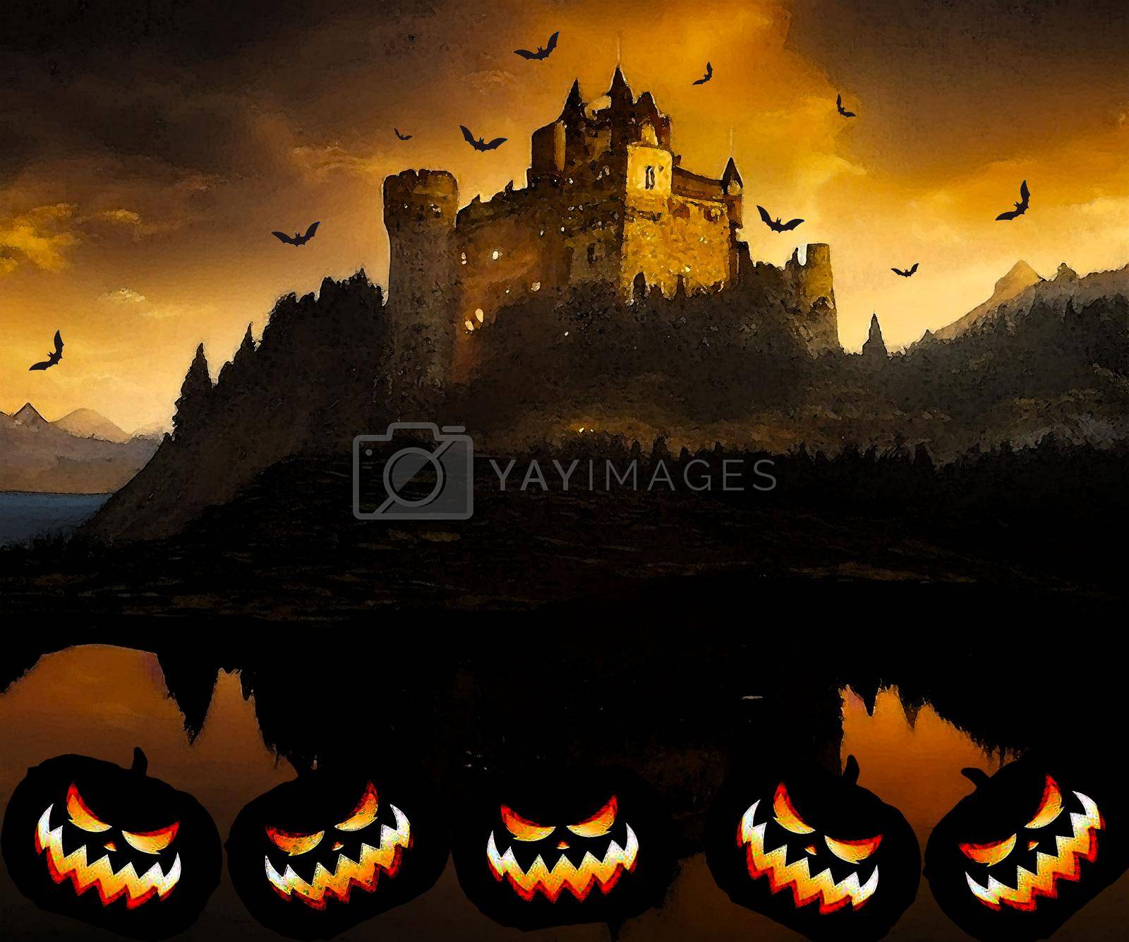 Royalty free image of Spooky scary Halloween images and vector pumpkins background, illustration for multimedia content or halloween card. by antoksena
