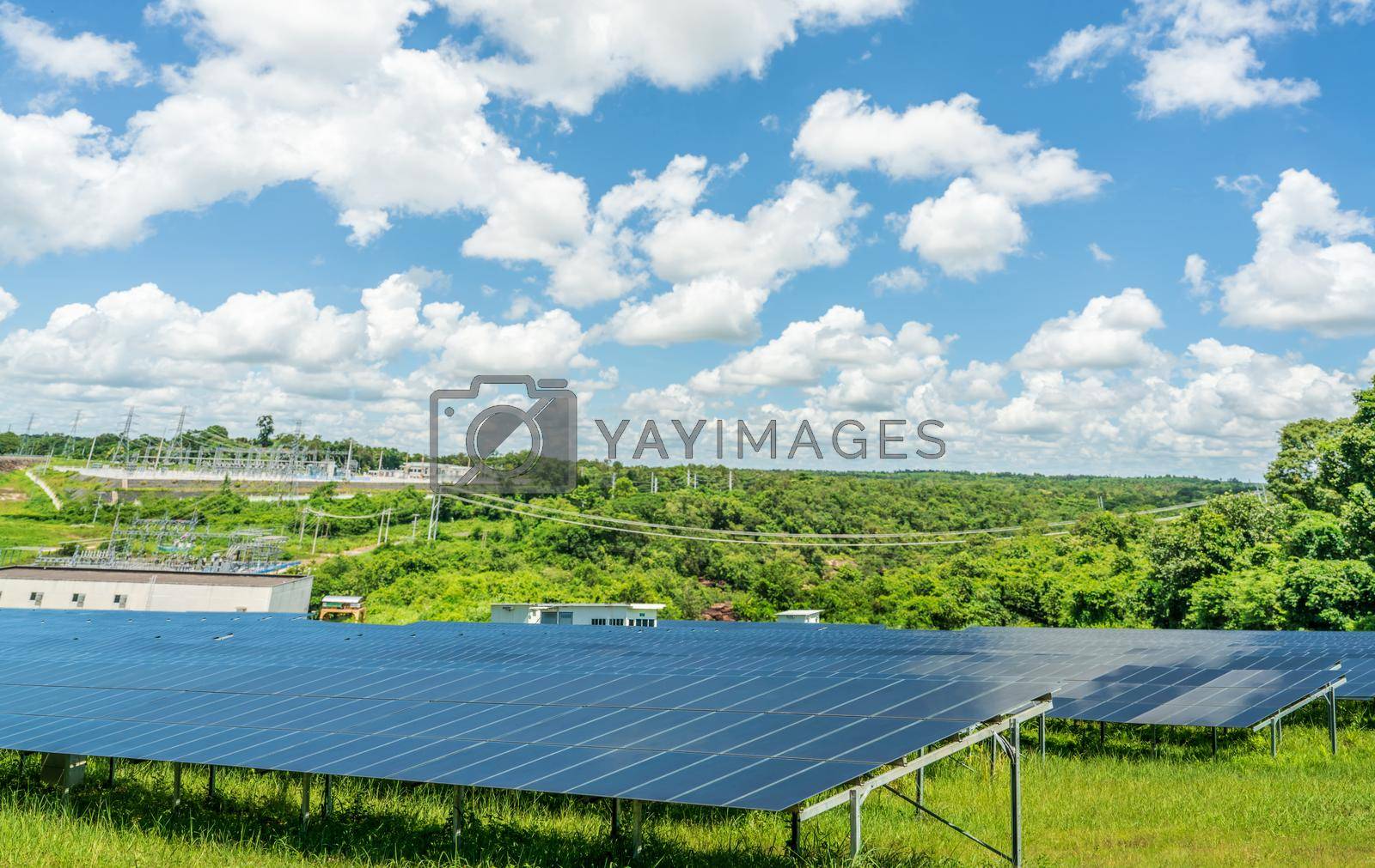 Royalty free image of Photovoltaic power station or solar park. PV system. Solar farm and green field. Solar power for green energy. Photovoltaic power plant generate solar energy. Renewable energy. Sustainable resources. by Fahroni