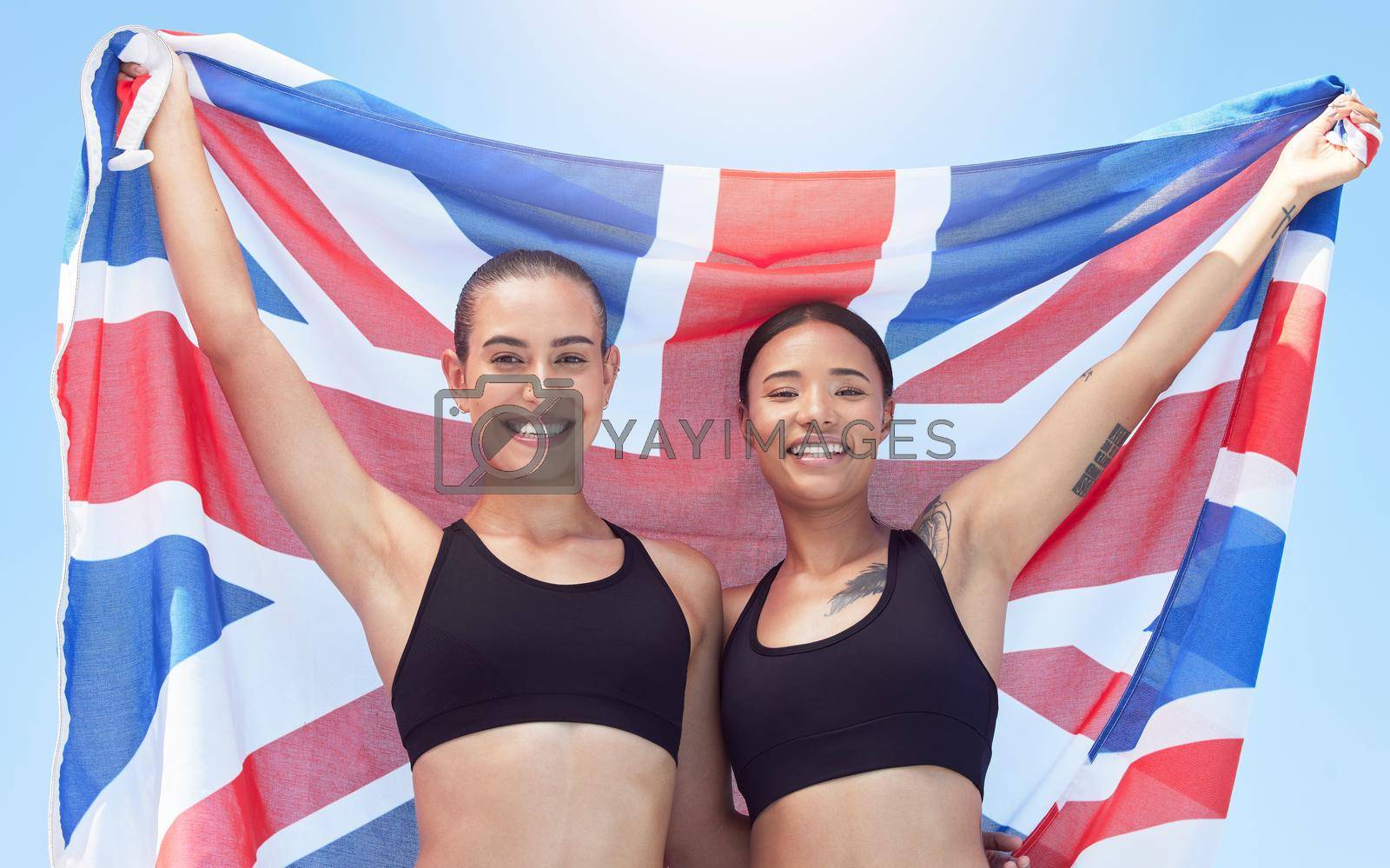 Royalty free image of Sports, winner and english flag portrait with women athlete champion team success together. Pride, happiness and excited united kingdom olympic competition people celebration with smile. by YuriArcurs
