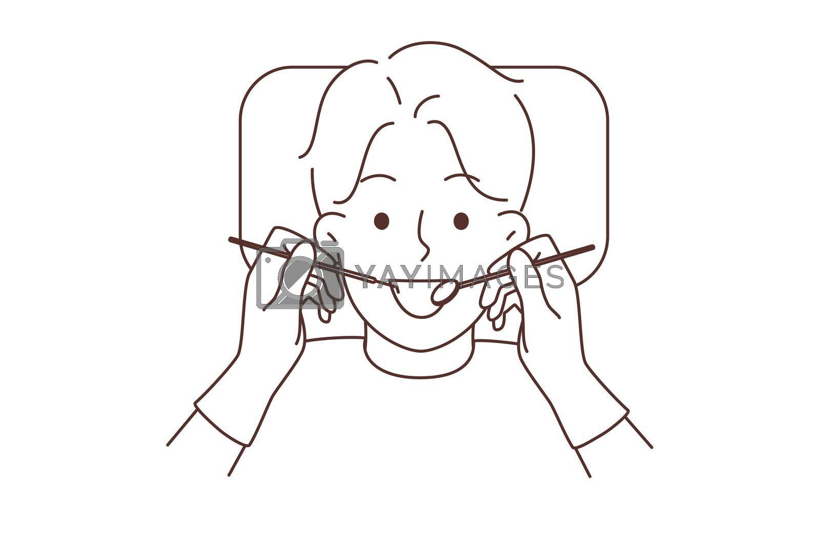 Smiling child get dentist treatment in hospital. Happy kid receive oral hygiene in clinic. Healthcare and medicine. Vector illustration.
