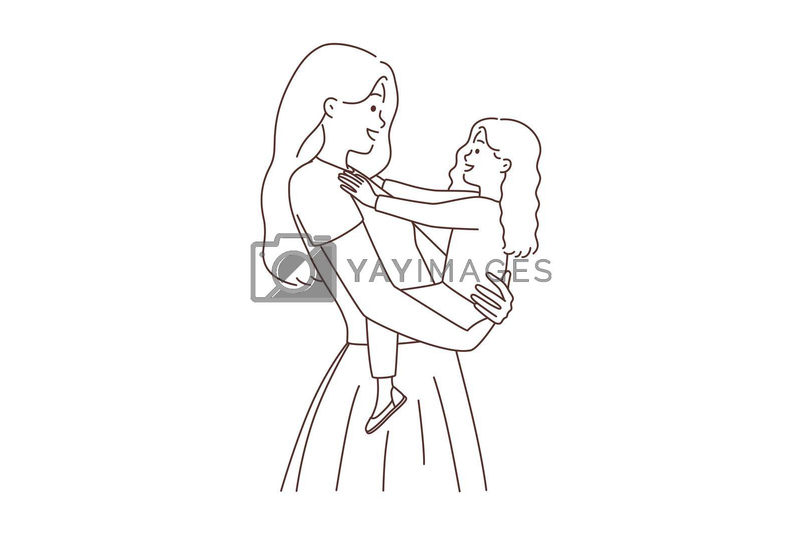 Happy young mother holding smiling little daughter in hands. Loving mom hugging small girl child show love and care. Motherhood. Vector illustration.