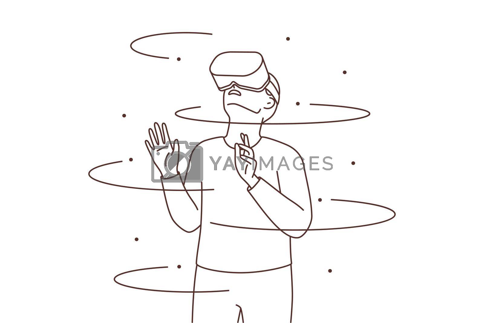 Man in VR glasses explore new technological surroundings. Male in virtual reality headset enjoy digital universe in modern gadget. Vector illustration.