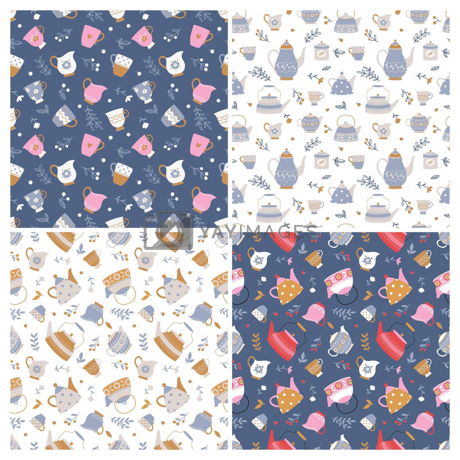 Set of seamless backgrounds with teapots and cups on a white and dark blue background. Simple cartoon style. Suitable for fabric, wallpaper, covers, etc. Vector illustration.