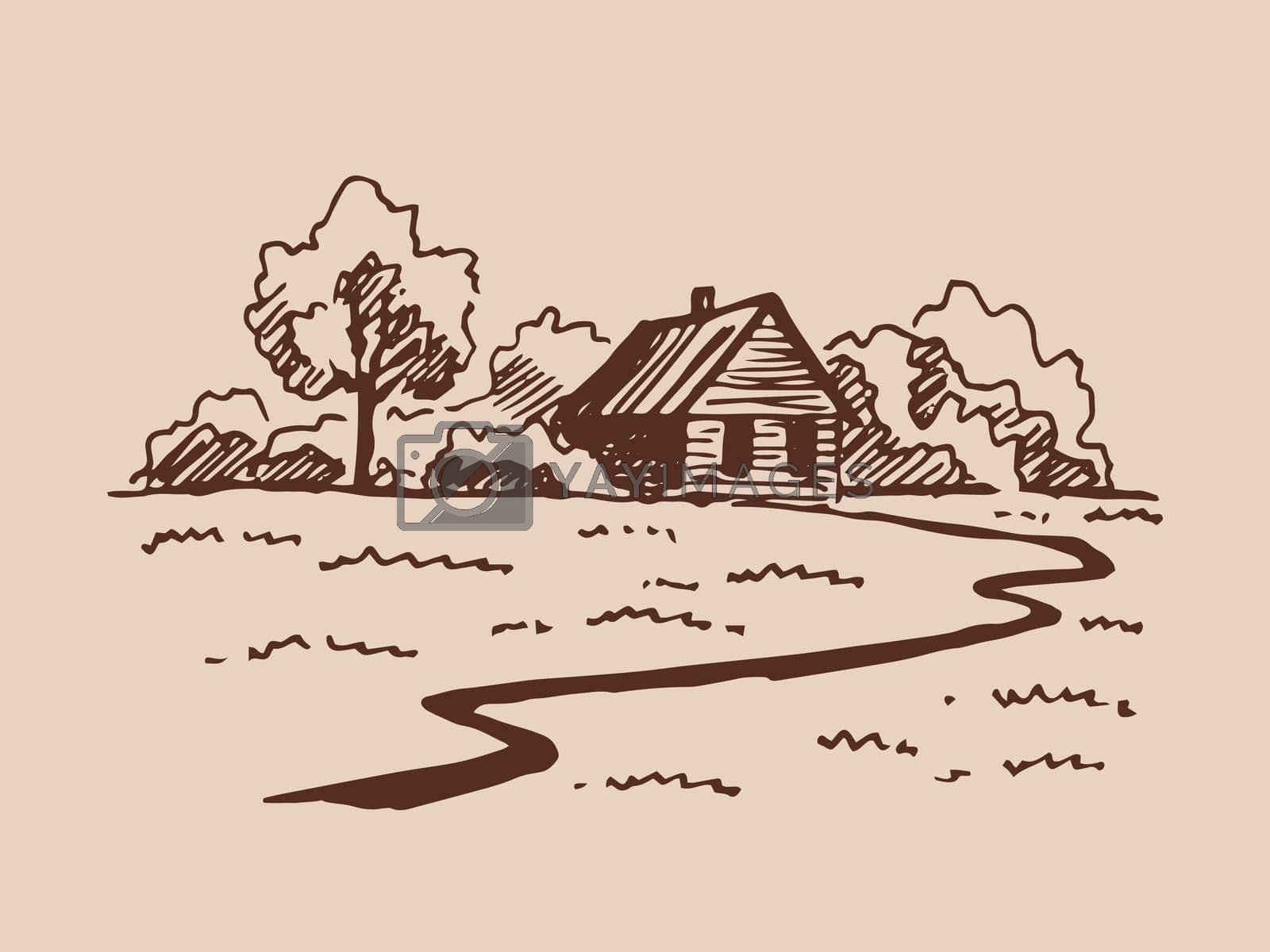 Landscape with country house. Hand drawn illustration converted to vector.
