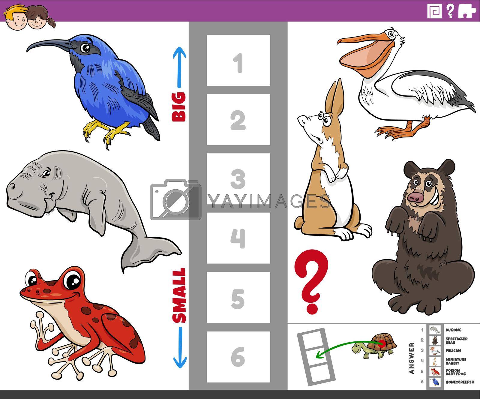 Cartoon illustration of educational game of finding the biggest and the smallest animal species