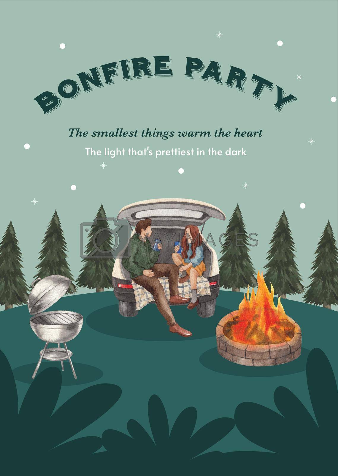 Royalty free image of Poster template with bonfire party concept,watercolor style by Photographeeasia
