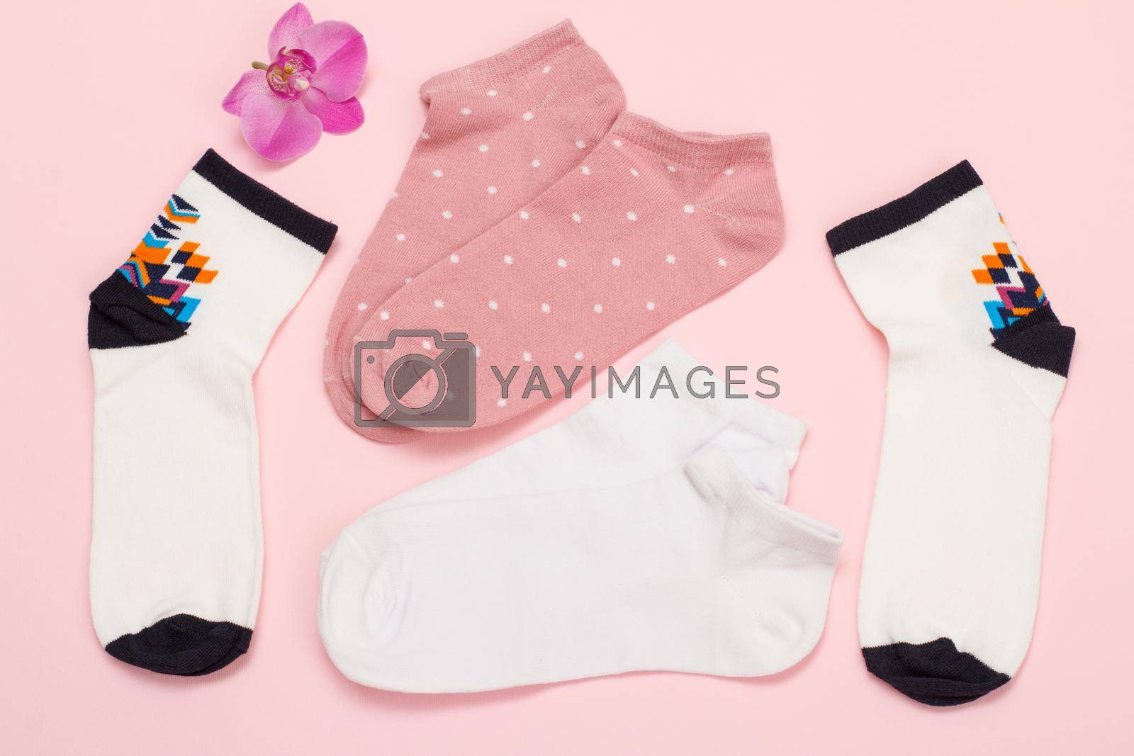Royalty free image of Women socks on pink background. Top view. by mvg6894