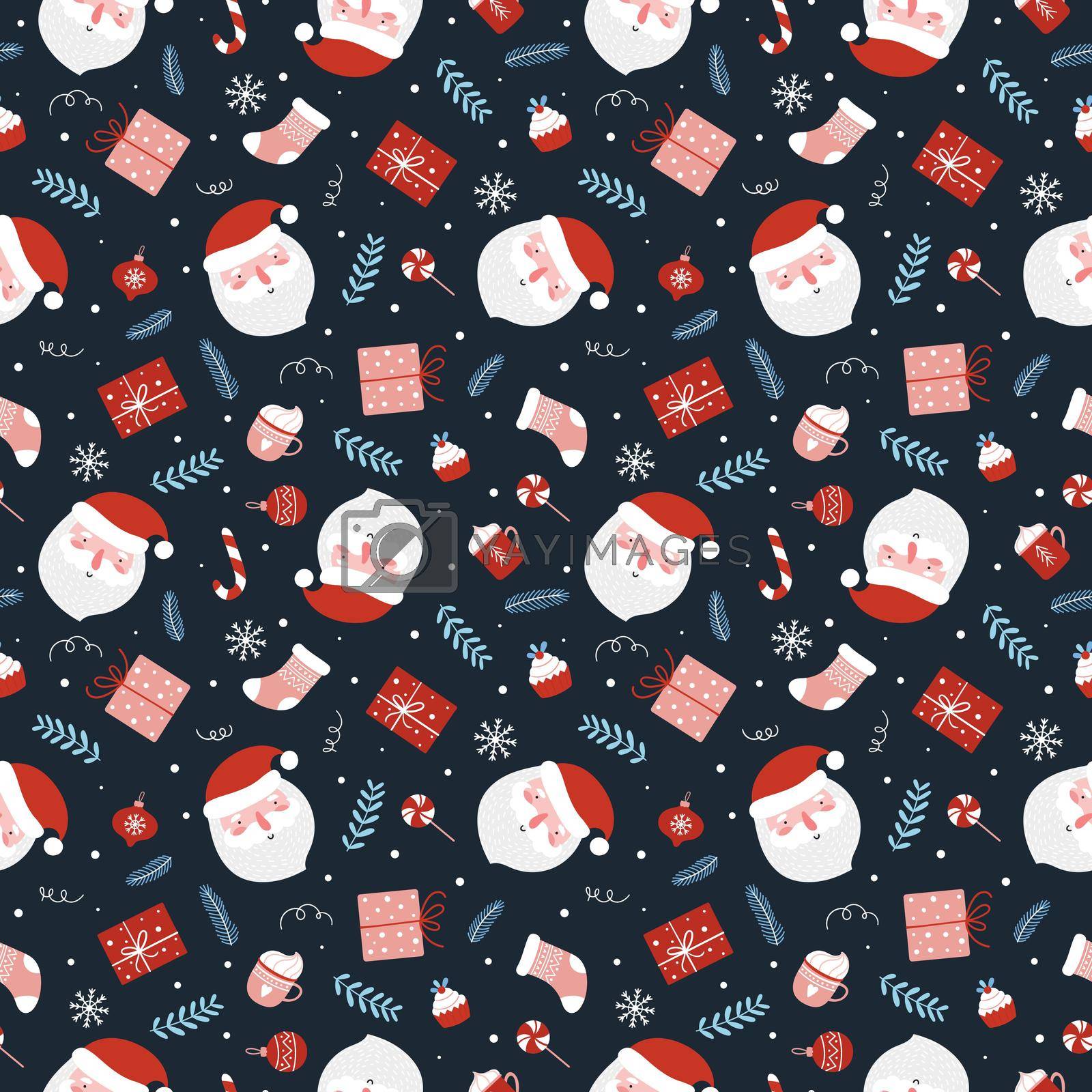 Royalty free image of Christmas seamless pattern with funny santa gifts, balls, candy cane, Christmas sock and branches. by Lena_Khmelniuk