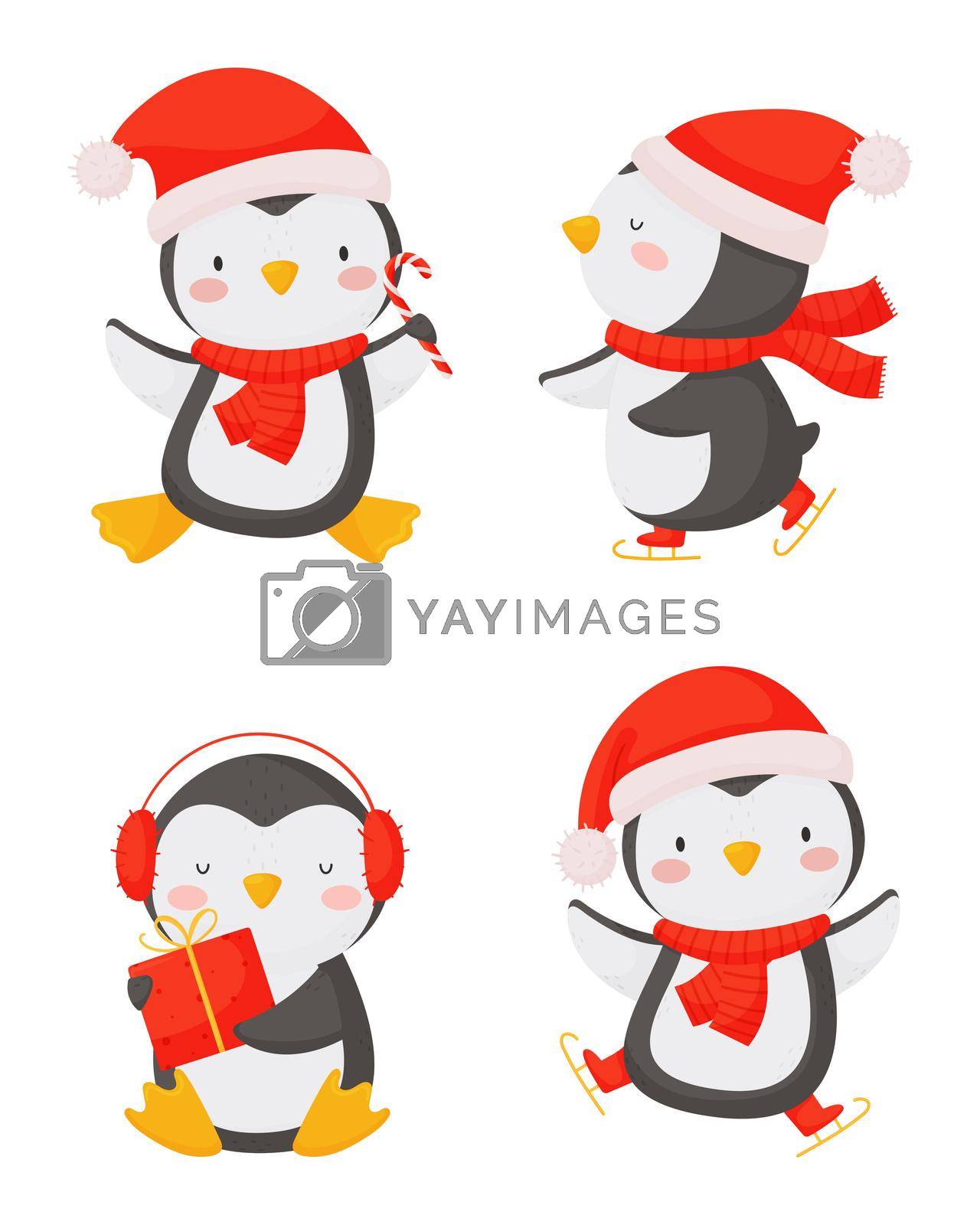 Royalty free image of Christmas set with cute penguins in cartoon style on a white background. by Lena_Khmelniuk
